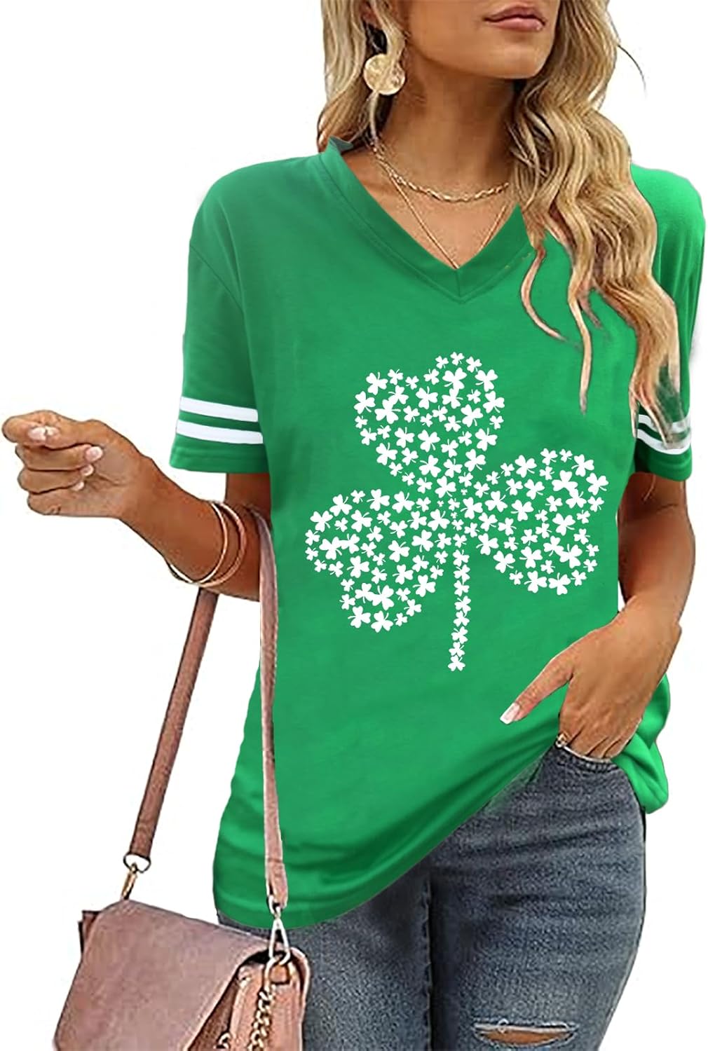 OJLPHH St. Patrick's Day Shirt Women Shamrock Graphic Tee V-Neck Short Sleeve Lucky Irish T Shirt - Image 6