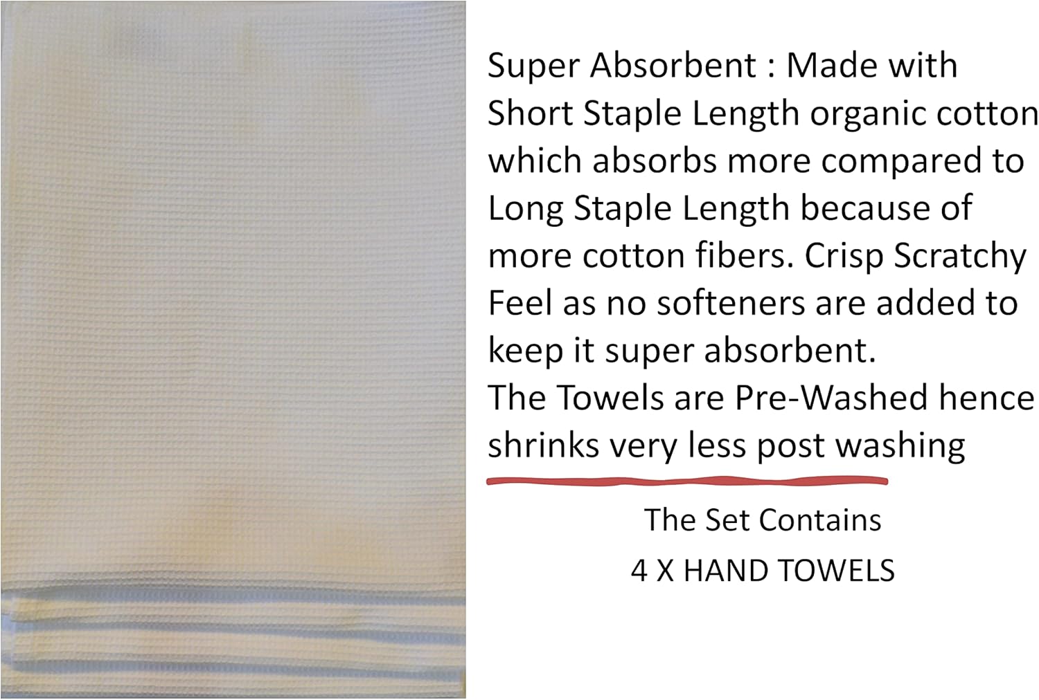 Waffle Hand Towels Pack of 4, 20X29 INCHES, 100% Natural Organic Cotton GOTS Certified (White) Super ABSORBANT & Quick Dry, NO SOFTENERS, Environment Friendly