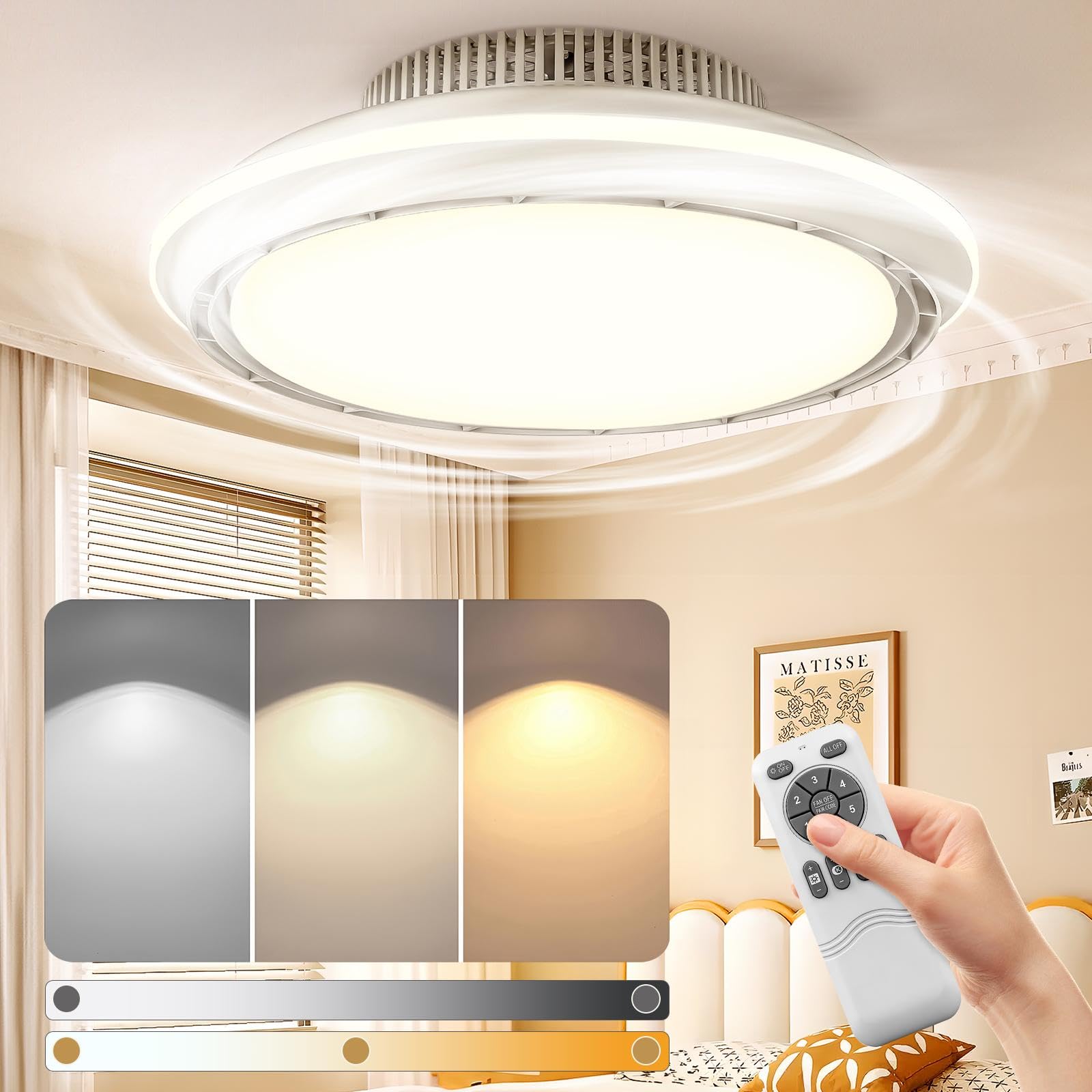 Ventilateur de plafond LED sans pales avec éclairage lampe Ø43,5 cm 100W | Ventilateurs télécommande minuterie | Plafonnier à intensité variable à 6 vitesses pour chambre à coucher et salon