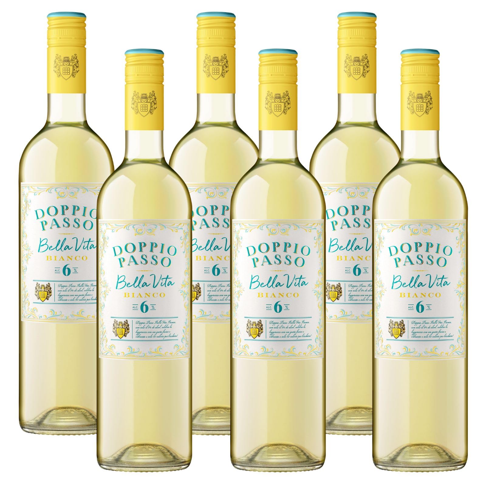 Doppio Passo Bella Vita Bianco 6x 0,75l - 6% Vol. | Italienischer Weißwein, harmonisch & leicht, teilweise entalkoholisiert, mit frischen Zitrus- & Birnennoten