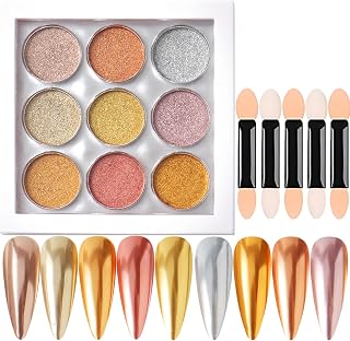 Metallic Chrome Nail Art Powder Set, 9 Colors Gold Silver Rose Gold Solid Magic Mirror Effect Pigments Nail Glitter Powder with Brushes for Nail Supplies Manicure