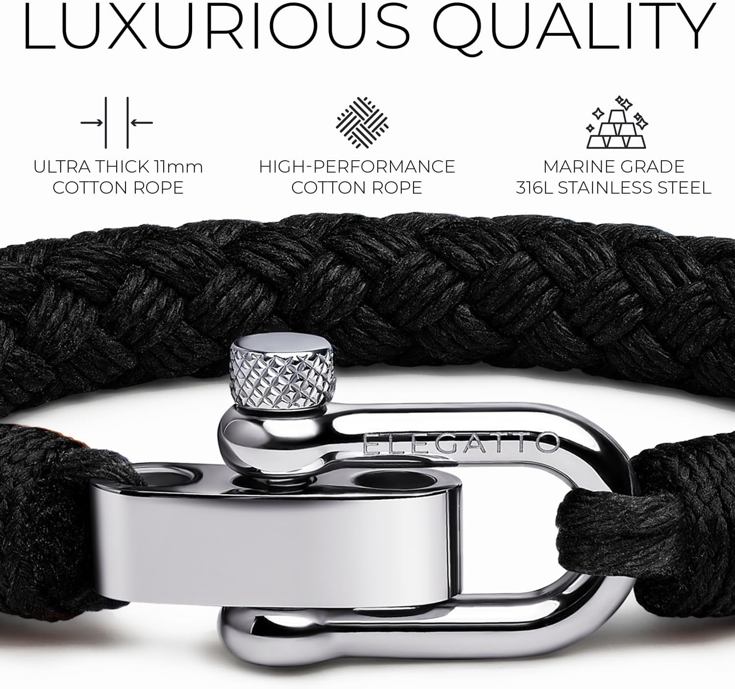 Elegatto Pelagus Premium Rope Bracelet for Men | Designed in California | Thick Cotton Rope with Stainless Steel Shackle Closure | Men’s Designer Bracelets - Image 3