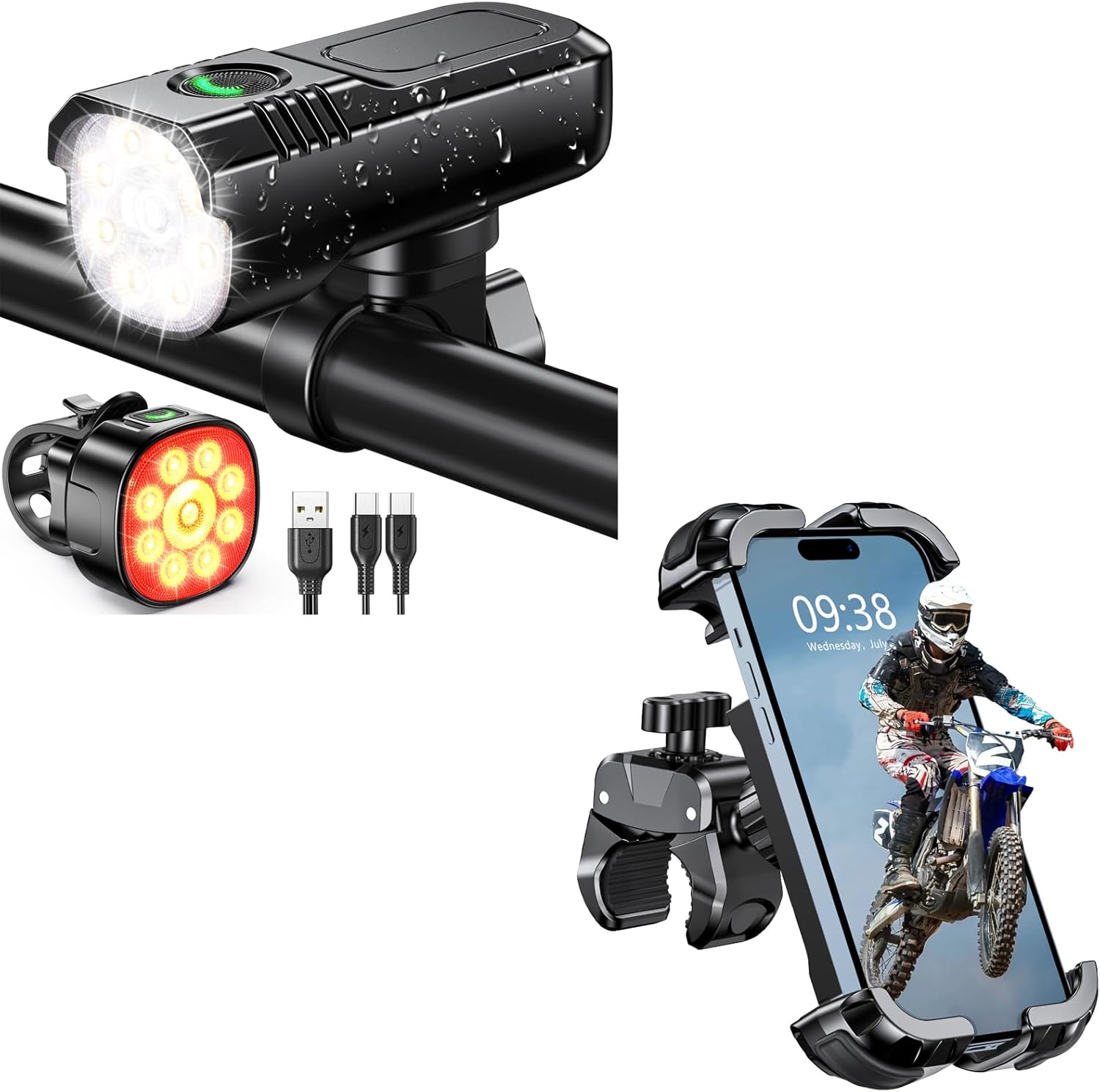 Bike Accessories - Bike Phone Mount [Full Protection][Easy to Enstall], Bike Lights for Night Riding [8+7 Modes][Rechargeable+Waterproof IP65]