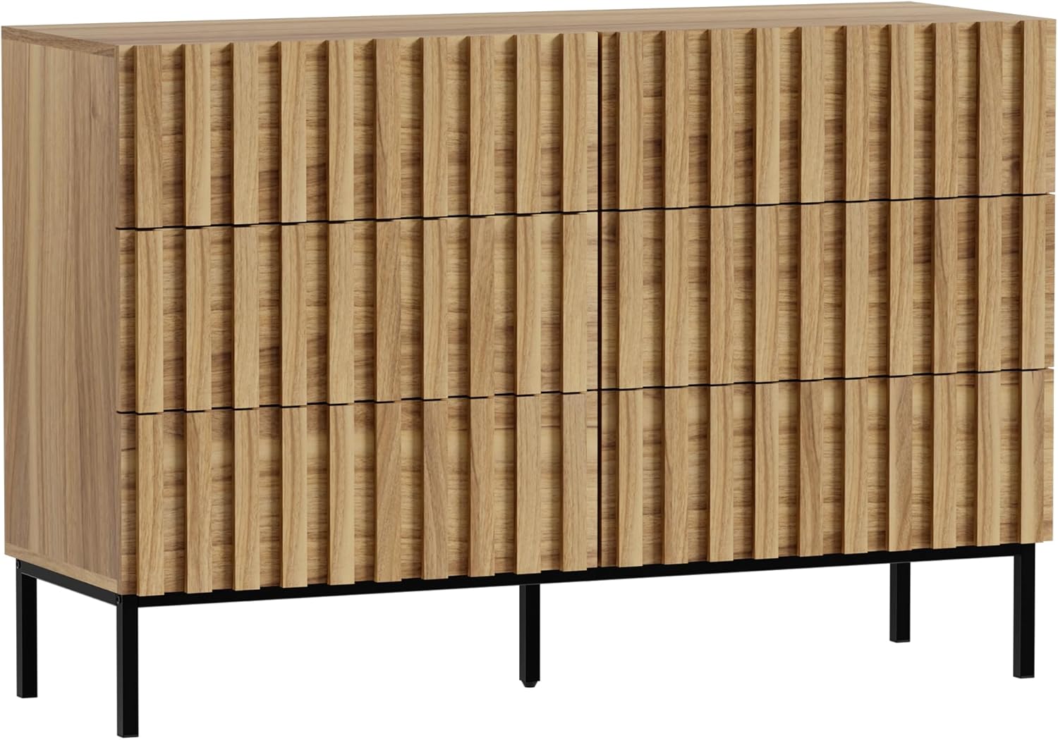 UEV Fluted Dresser for Bedroom with 6 Drawers, 47" Wide Large Chest of Drawers with Metal Stand, Mid-Century Wooden Dresser TV Stand, Closet Storage Organizer for Living Room, Hallway (Natural Wood)