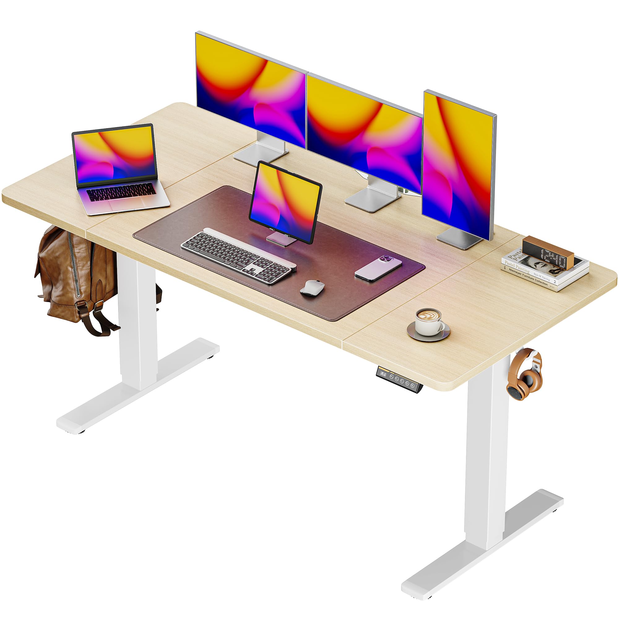 Sponsored Ad - Huuger 55 x 28 Large Electric Standing Desk, Height Adjustable Desk, 27.6" Deep Desktop, Stand up Gaming Computer Office Desk with 2 Hooks, 3 Preset Heights, for Home Office, Maple