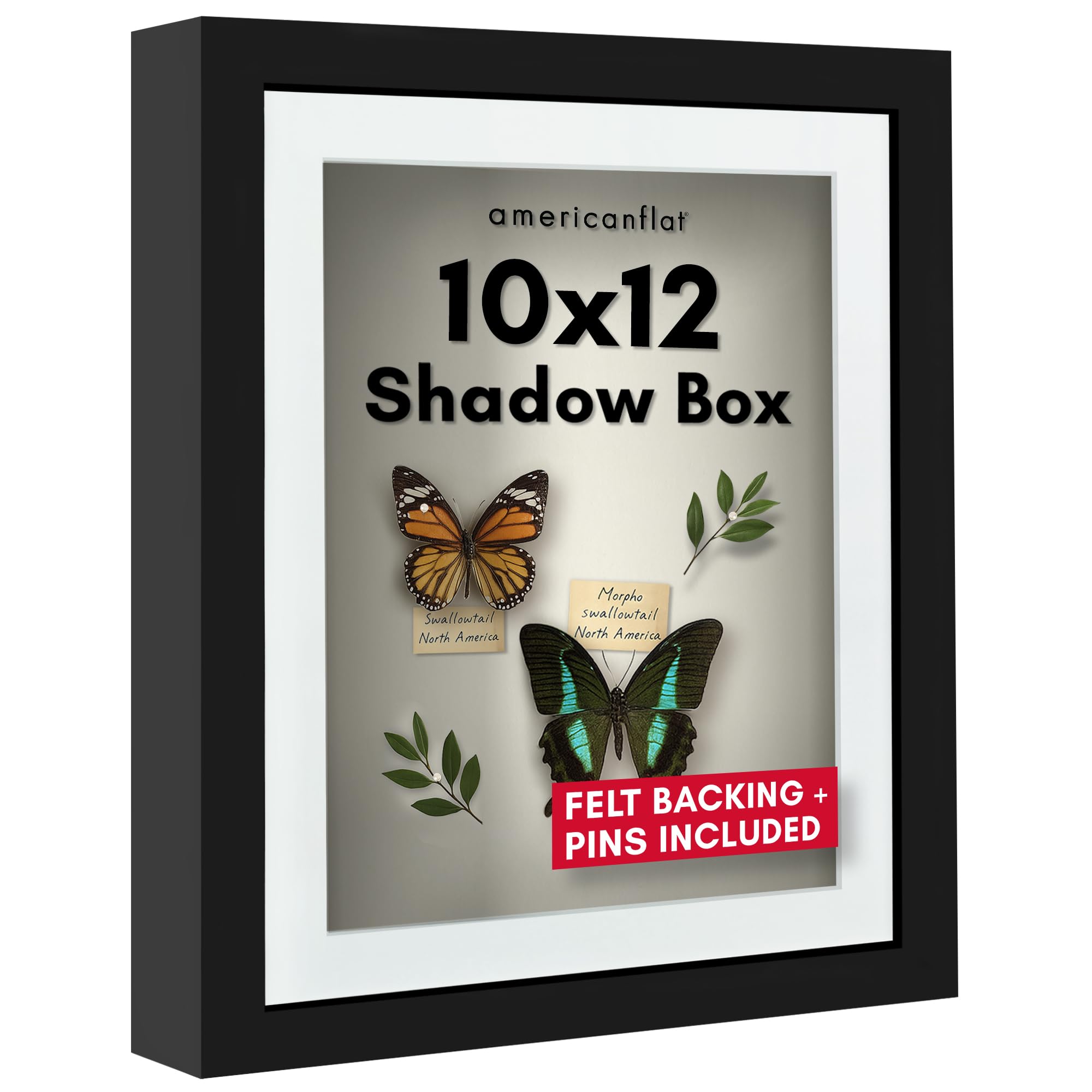 Americanflat 10x12 Shadow Box Frame with Shatter-Resistant Glass - Use as 8x10 Frame with Mat or 10x12 Without Mat - Silhouette Collection - Black with Soft Felt Back