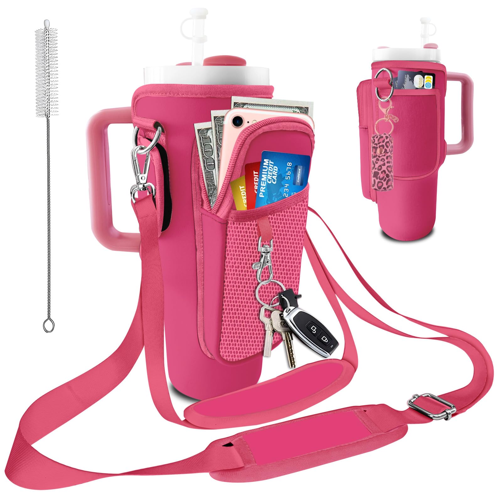 bolimoss Stanley Cup Bag with Phone Pocket, Water Bottle Cup Pouch with 2 Adjustable Straps & 3 Pockets, Stanley Accessories, Pink Neoprene Portable Pouch Bag Fits 40oz Tumbler for Walking