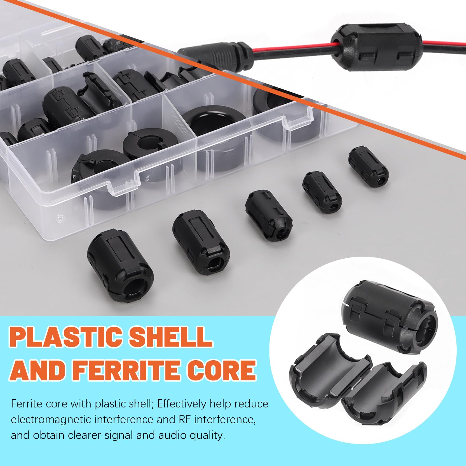 Tanstic 32 pièces noir clip-on ferrite anneau noyau RFI EMI bruit suppresseur câble clip avec anneaux ferrite toroïdal noyau fer pour 3,5 mm 5 mm 7 mm 9 mm 13 mm 15 mm diamètre câble