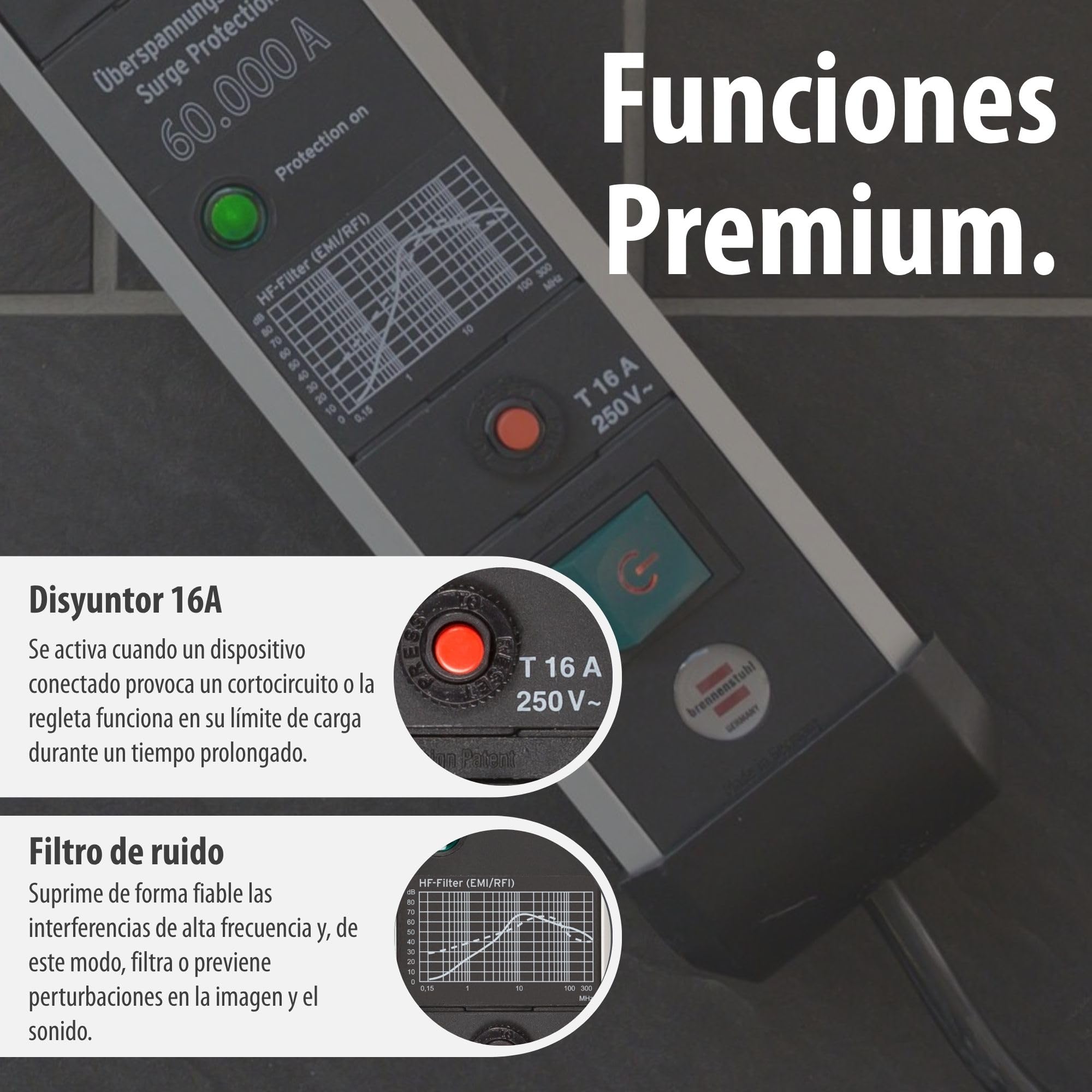 Brennenstuhl Premium-Protect-Line regleta enchufes de 4 Tomas con protección contra sobretensiones hasta 60.000 A (Cable de 3 m, Interruptor, Fabricado en Alemania) Plateado/Negro