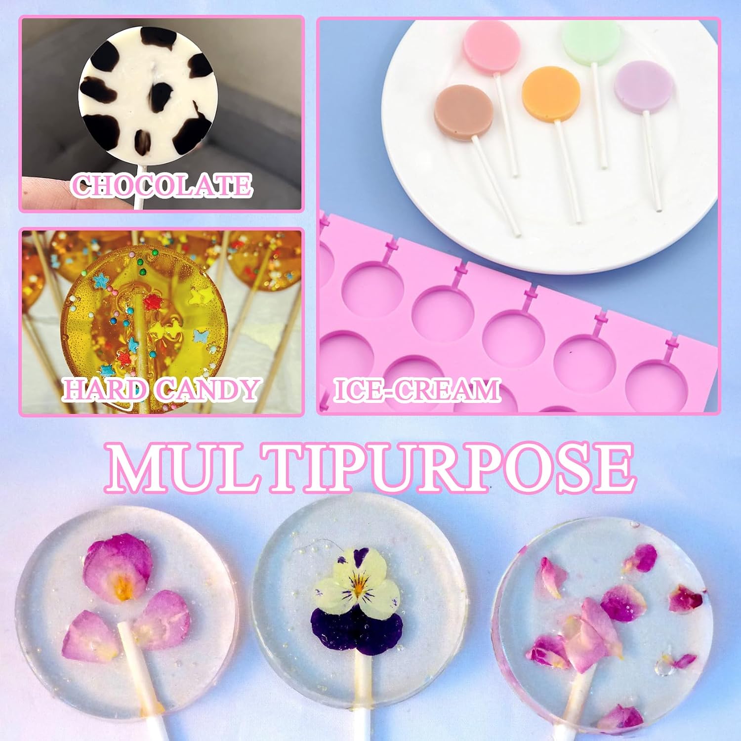 2Pcs Silicone Hard Candy Chocolate Molds, Round Non-stick Silicone Lollipop Sucker Mold Making Kit with 20 Sticks, 100 Count Golden Ropes and 100 Bags, for Candies, Panels, Jellies, Bread, Etc. A2