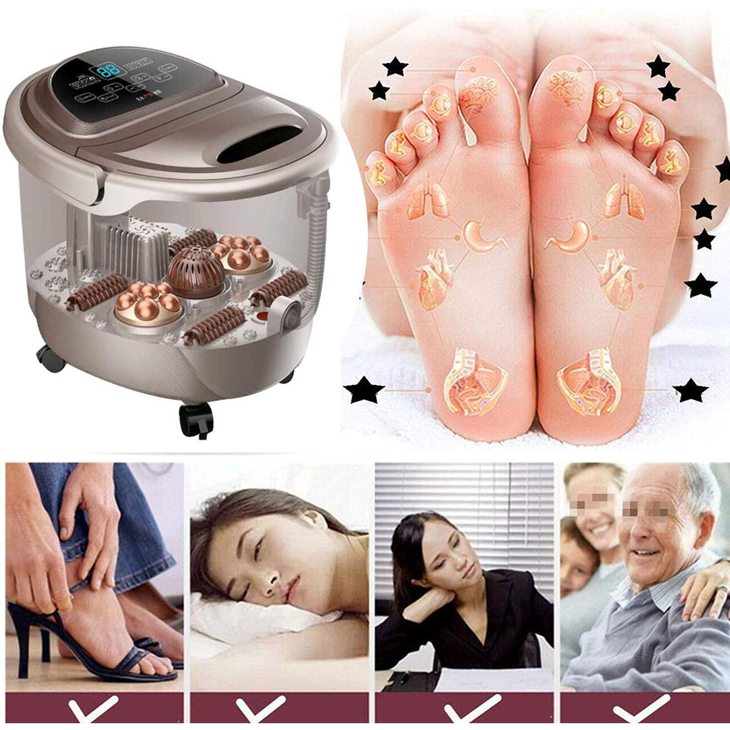 Massaggiatore per pediluvio con luce rossa e calore, pedicure termostatico per pedicure, con 4 rulli di mais per massaggio motorizzati, 2 rulli per tai chi, bolle e display a LED, alleviare lo stres