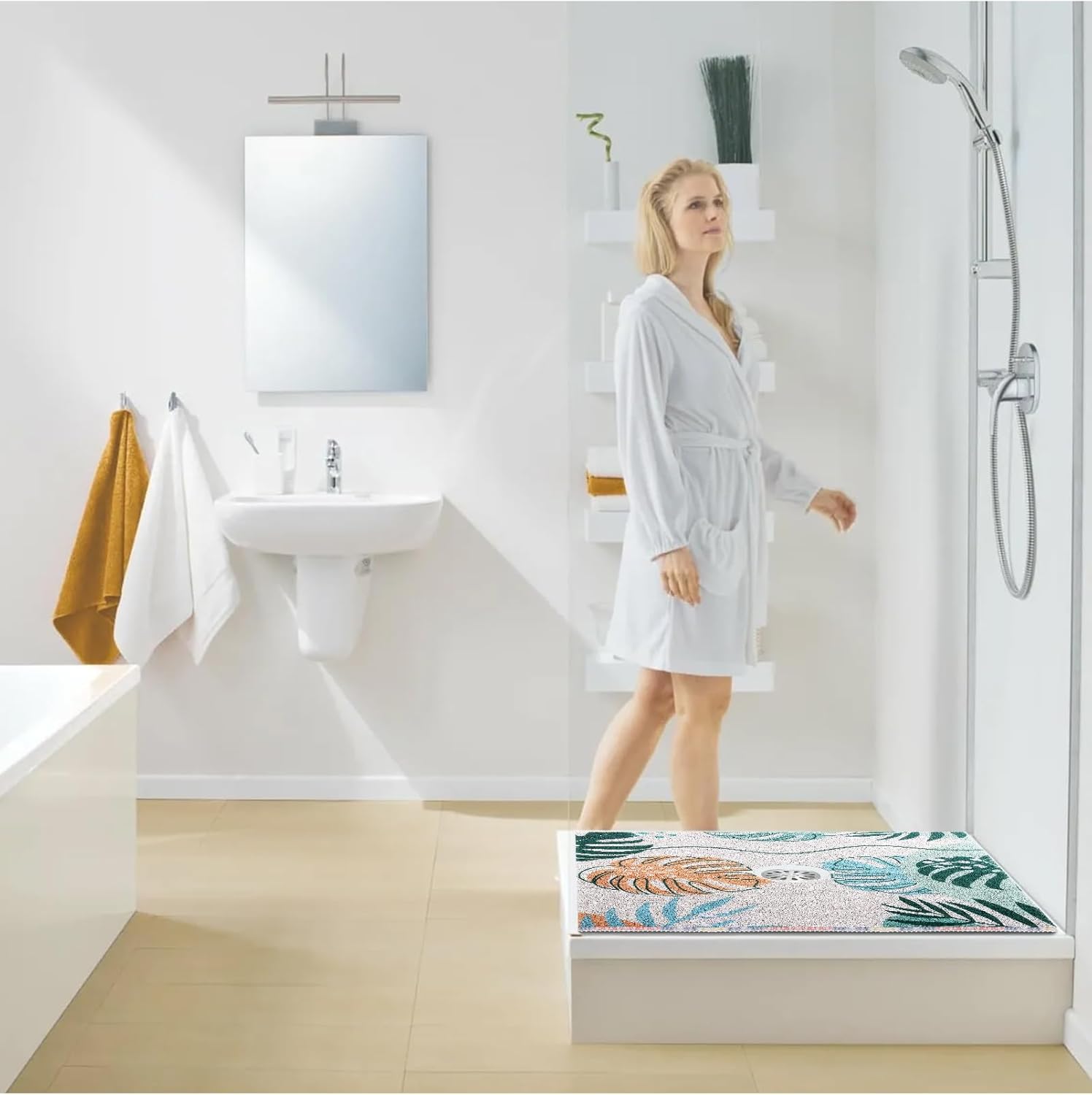 Square Shower Mat, Yonala 27 x 27 Inch Stylish Non Slip Shower Mats for Inside Shower with Central Drain Hole, Soft Trimmable PVC Loofah Anti Slip Shower Mat for Walk in Shower Stall, Quick Drying - Image 7