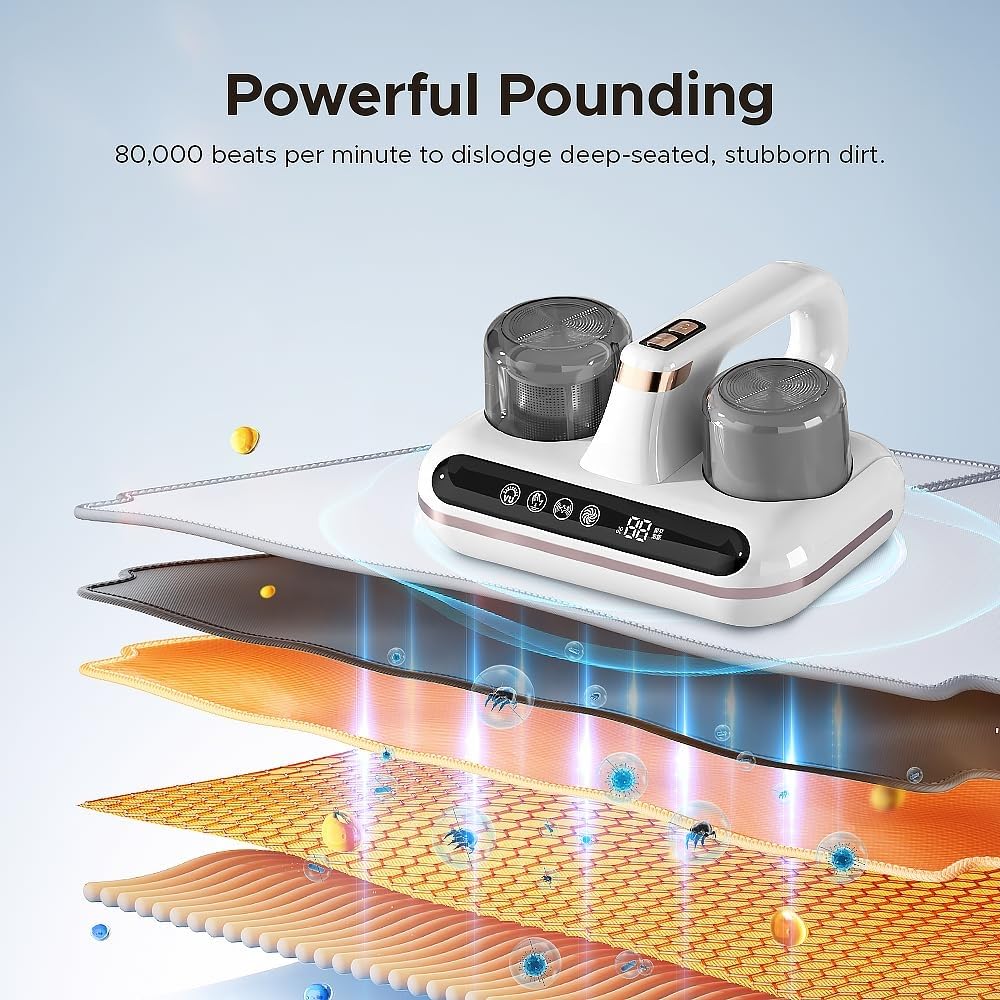 Vxoyo Aspirateur Matelas, Aspirateur de Matelas sans Fil 4 en 1 avec Lumière UV et Écran LED, Aspirateur à Main Anti-Acariens à Double Coupelle, à Ultrasons et à Forte Aspiration pour Lit