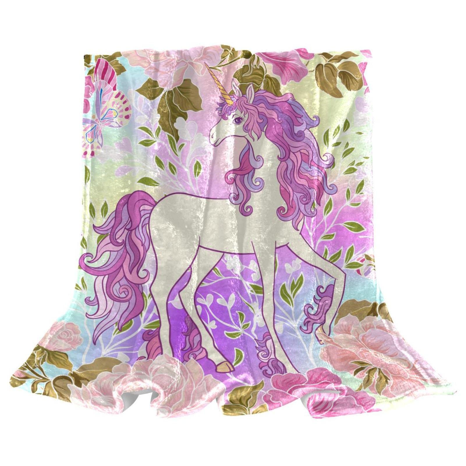 Couverture polaire licorne et fleur violette douce pour lit ou canapé de chambre