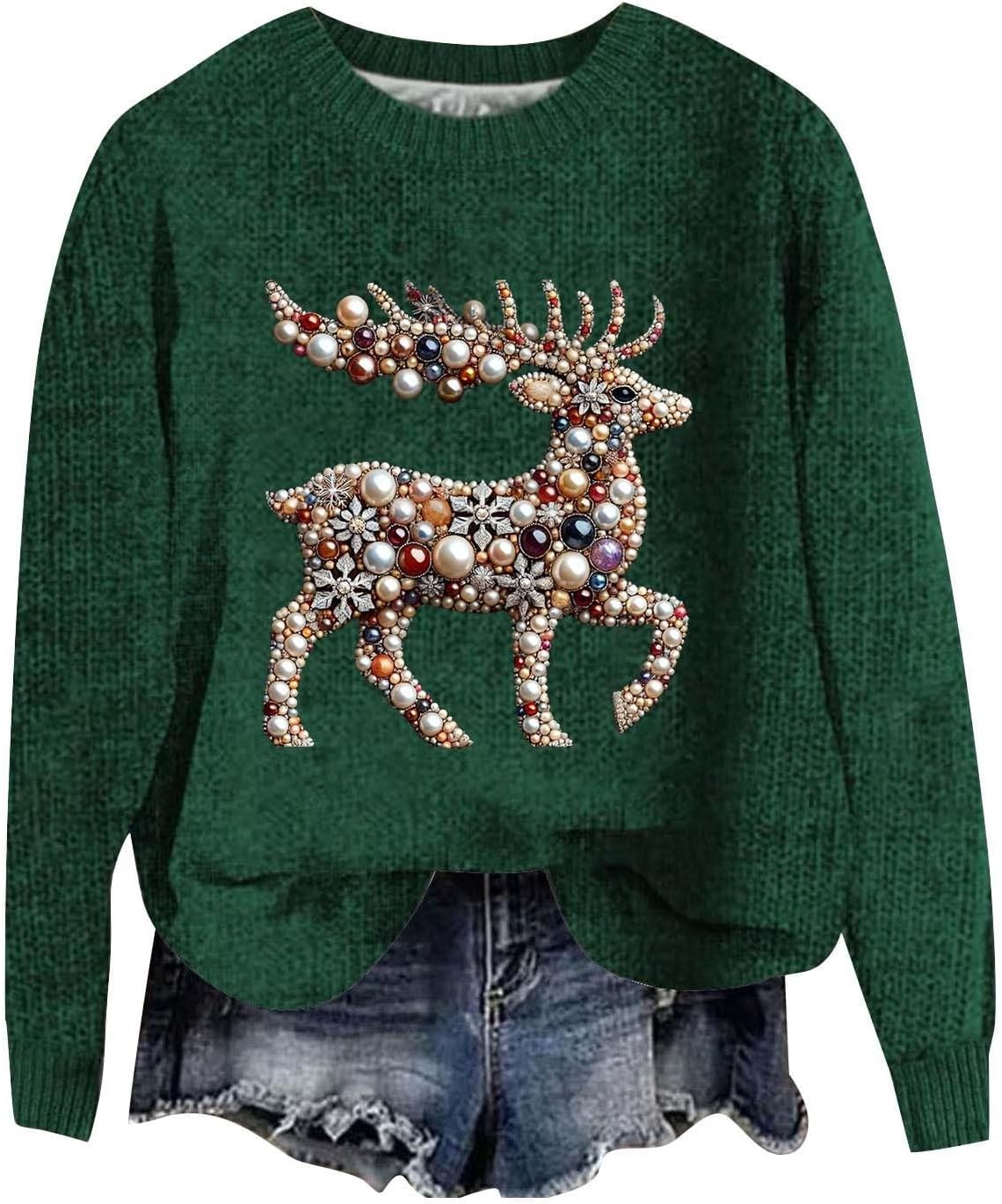 Kersttrui voor dames met glitter, gebreide trui voor dames, grof gebreide wintertrui, ronde hals, kerstprint, gebreide trui, winter, wollen trui, rendier, sweater, lichtblauw, M
