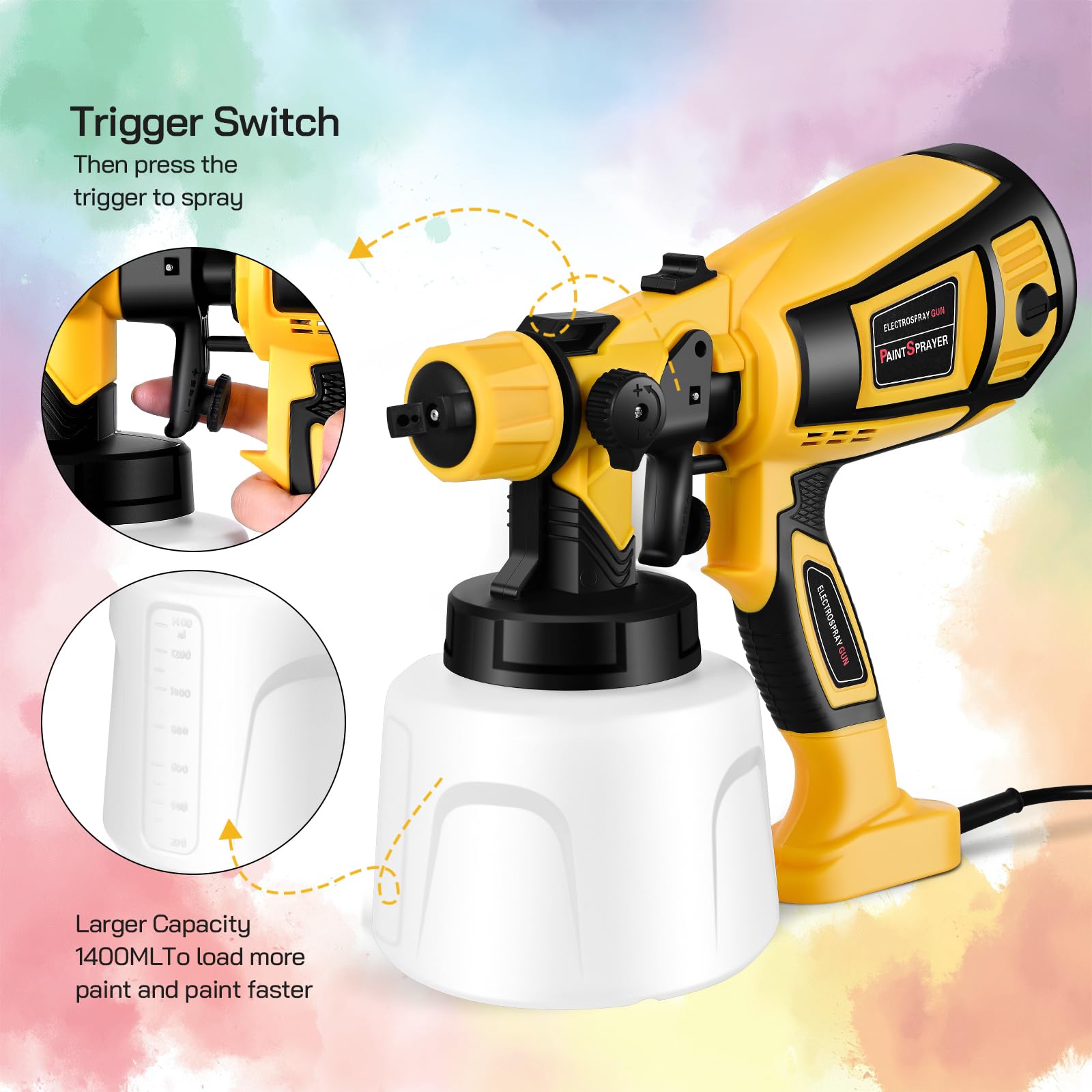 Pistola de Pintura,800W HVLP Pulverizador de Pintura Eléctrico con Recipiente de 1400ml, Flujo Máximo de 1000ml/min,5 Boquillas para la Pulverización y Limpieza del Bricolaje（Amarillo）