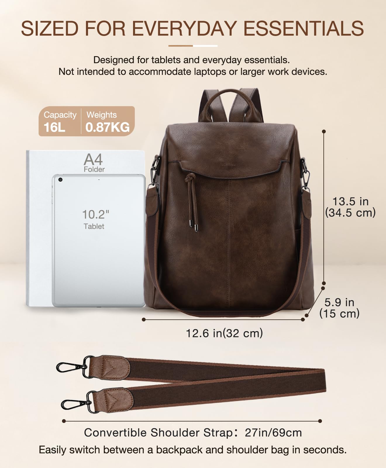 VX VONXURY Sac a Dos Femme en Cuir PU Sac a Dos Antivol avec Poche Arrière Sacs à Dos loisir pour Travail, Scolaire, Voyage