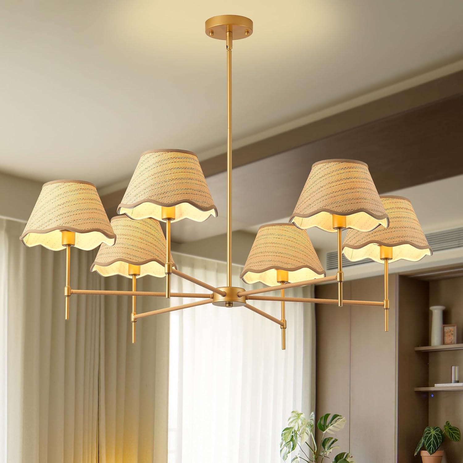39.5" Large Rattan Hand-Woven Chandelier, 6-Light Rattan Boho Large Pendant Light Fixture Wicker Dining Room Ceiling Light Fixture Chandelier Adjustable for Kitchen Island Hallway Living Room