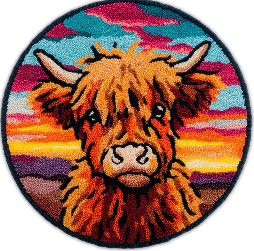 kitphoenix Latch Hook Kits for Adults, Sunset Highland Cow Cub