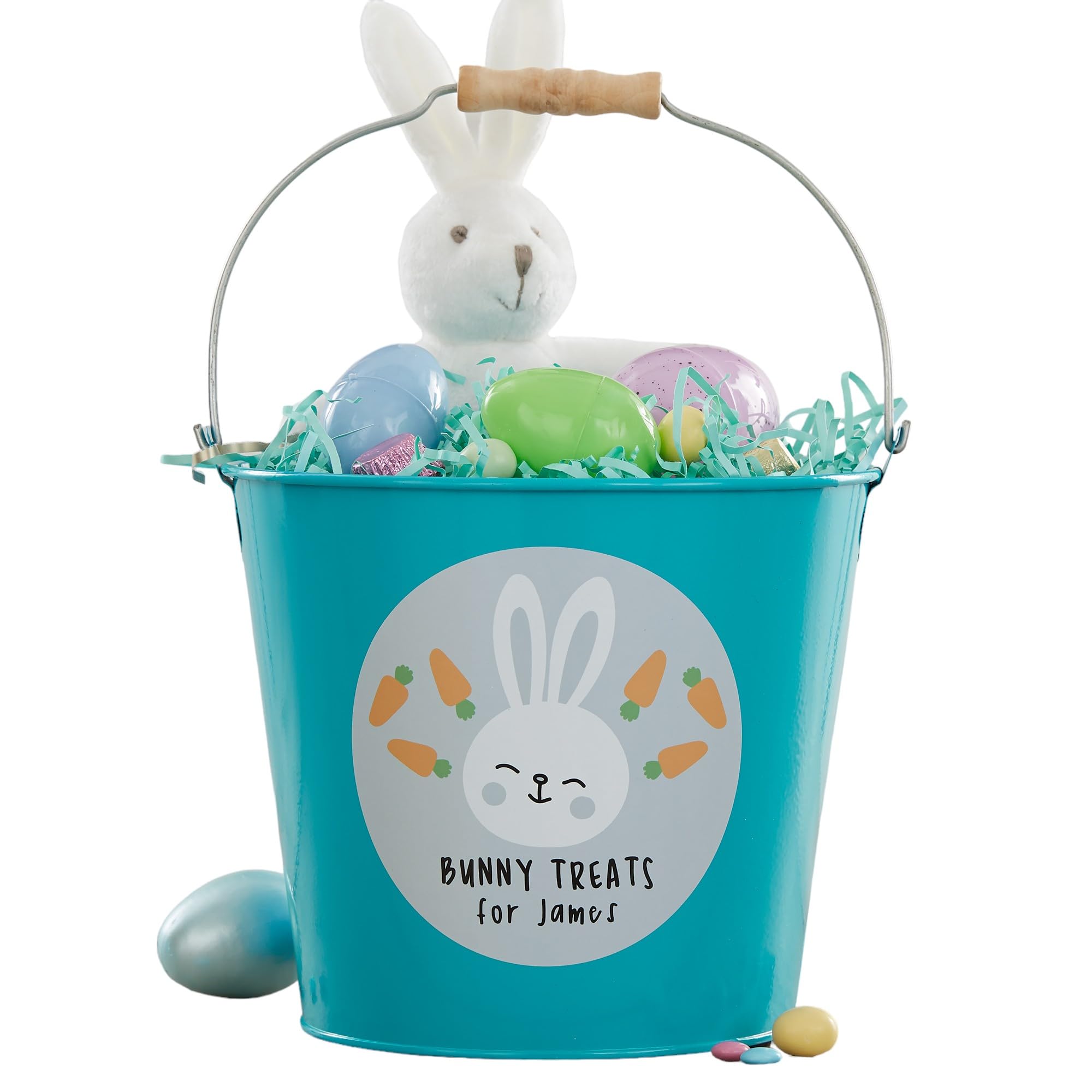 Personalization Universe Bunny Treats Personalized Treat Bucket - Ideal for Easter Basket Stuffers and Candies, Grey, Coral, or Aqua Bunny Design - Large Turquoise Bucket