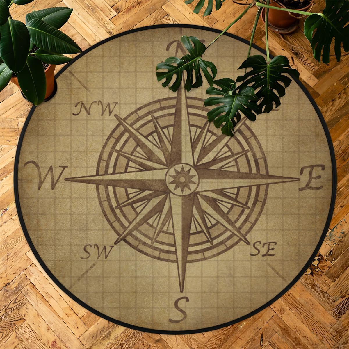 Compass Rose Retro Round Area Rug, Vintage Pattern Non-Slip Circle Rug for Bedroom Living Room Outdoor Study Playing Floor Mat Carpet, 5.2' Diameter