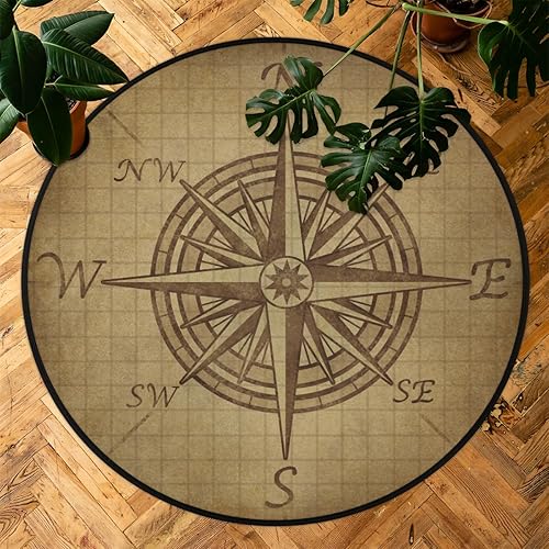 Miniatura 7 de Compass Rose - Alfombra redonda retro con patrón vintage, antideslizante, para dormitorio, sala de estar, estudio al aire libre, alfombra de juego,