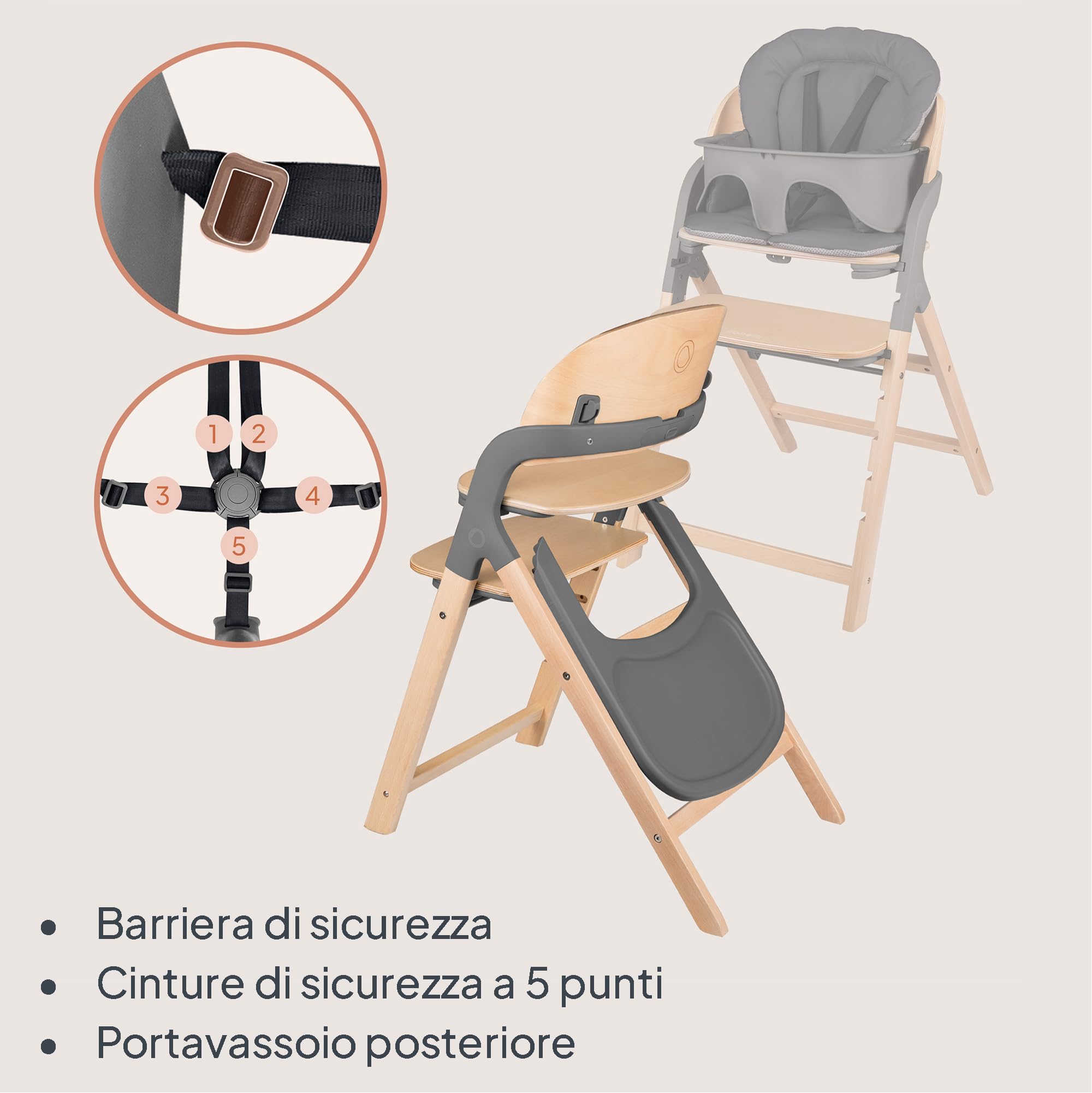 LIONELO Megan Seggiolone Pappa in Legno per Bambini da 6 Mesi e Adulti | Evolutivo fino a 110 kg, Poggiapiedi Regolabile, Cinture a 5 Punti, Cuscino per Seduta e Facile da Pulire