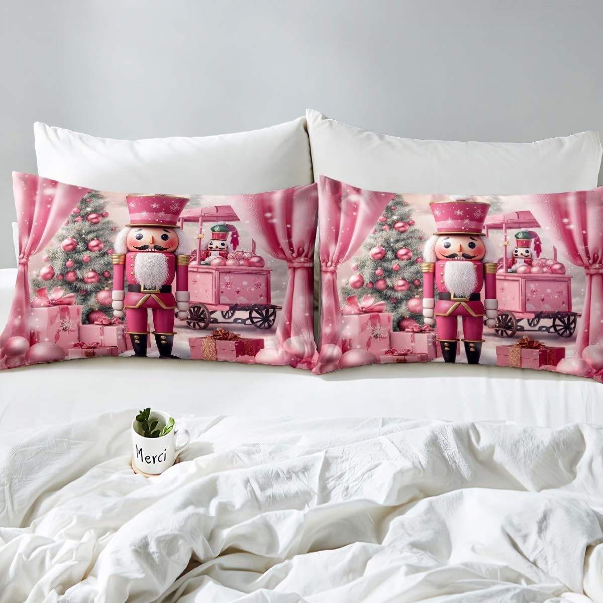 Christmas Nutcracker Duvet Cover Toddler Size Winter Xmas Tree Bedding Set 2pcs Cartoon Soldier Comforter Cover for Kids Bedroom Decor Dreamy Pink Style Quilt Cover,1 Pillowcase(Not Comforter)