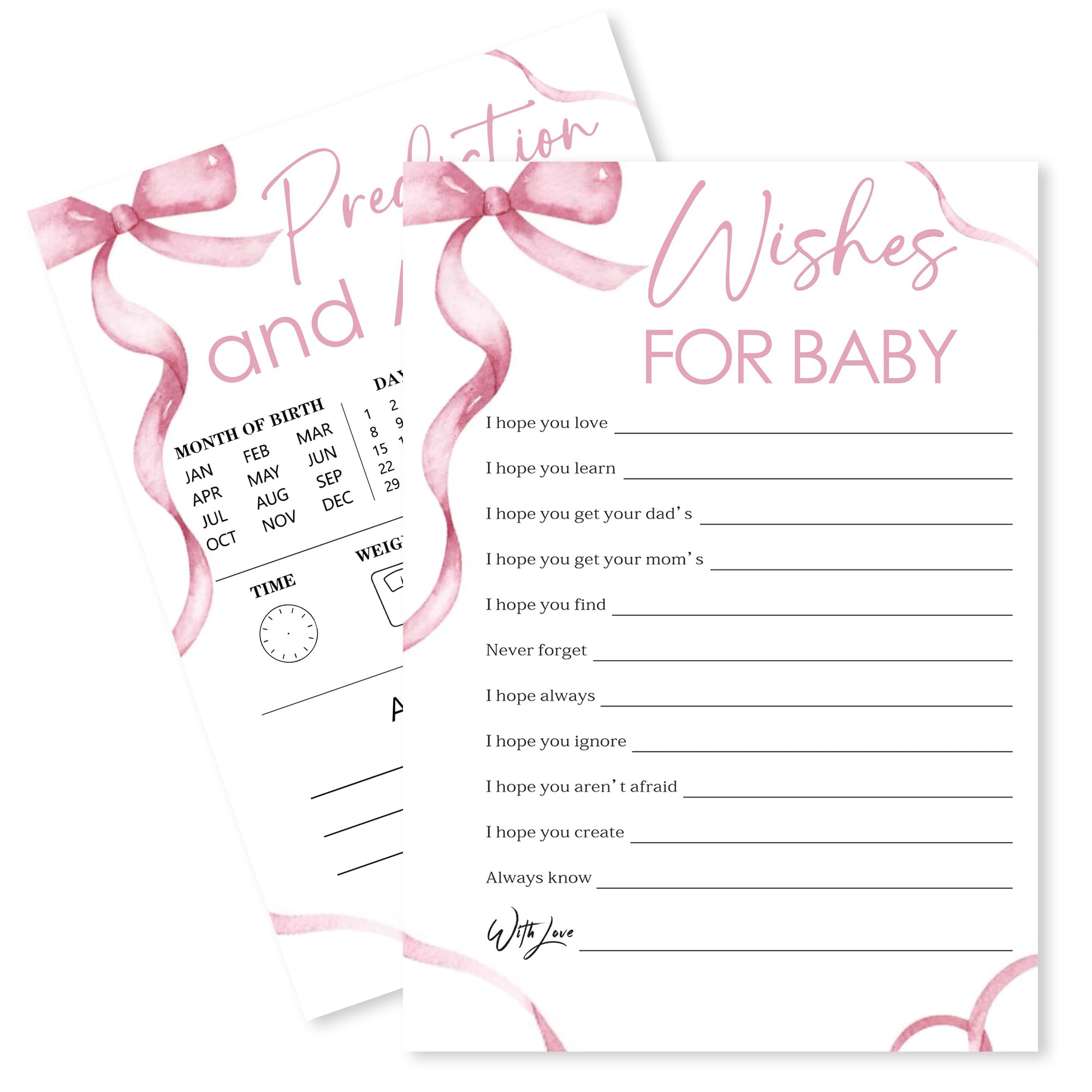 Minimalism Pink Baby Shower Game Cards-Wishes For Baby & Predictions & Advice Theme Games Activity For Boys & Girls-30 Ribbon Bow Game Cards(5”x7”)-