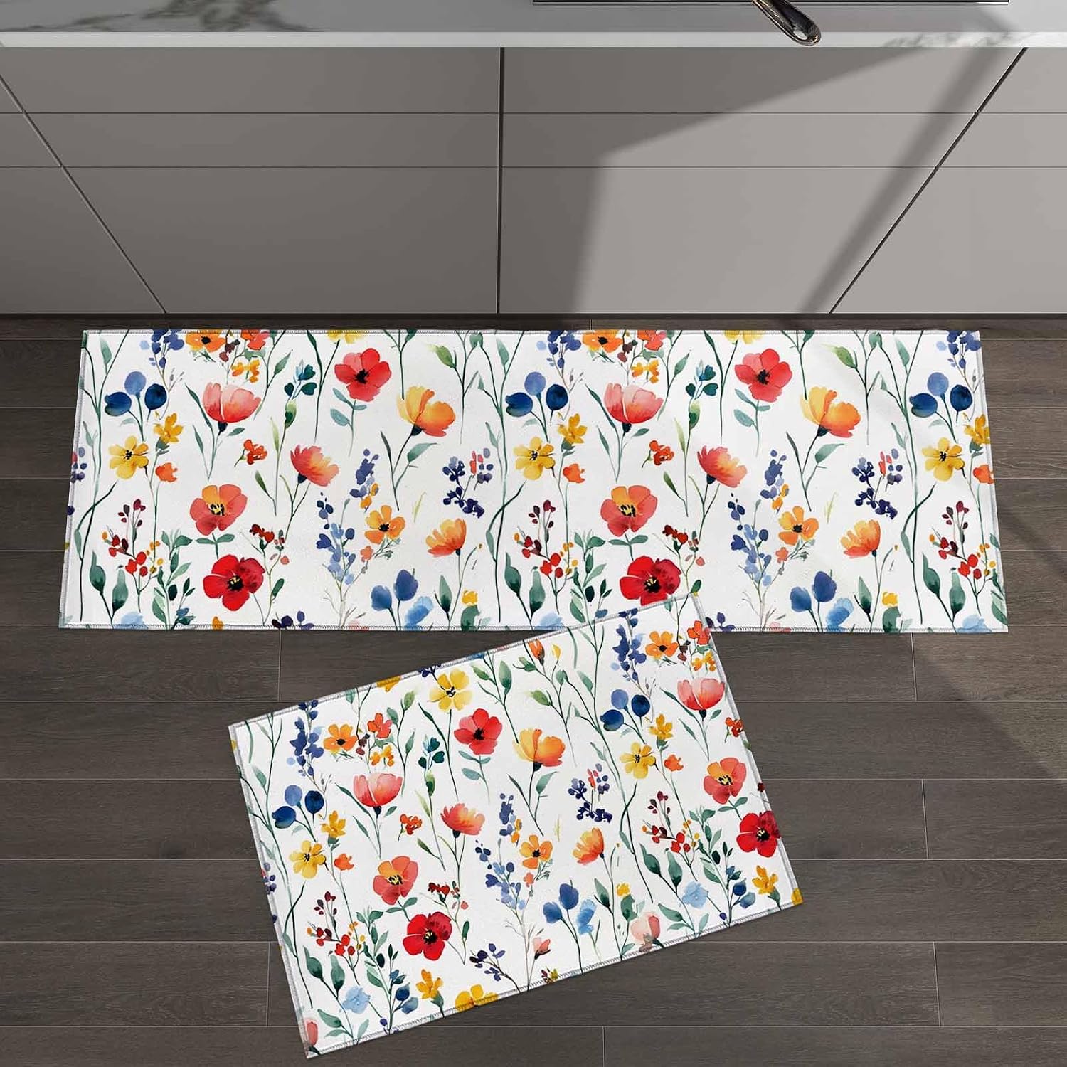 2 Pieces Kitchen Rugs and Mats,4th of July Poppy Flower Leaf Area Runner Rug Set Non Slip Floor Doormat Washable Carpet Standing Mat for Kitchen Sink Indoor Corridor,Watercolor Rustic Wildflower