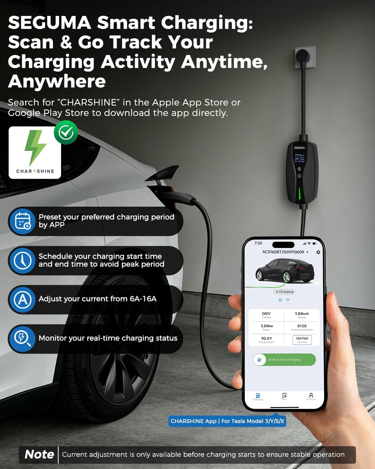SEGUMA NACS Charger for Tesla with APP, 6-16A ETL Certified Level 1/2 Portable EV Charger, 120V/240V Dual Voltage with NEMA 5-15 Plug & 6-20 Adapter, 25FT Cable, IP66 Waterproof, Home Outdoor Station