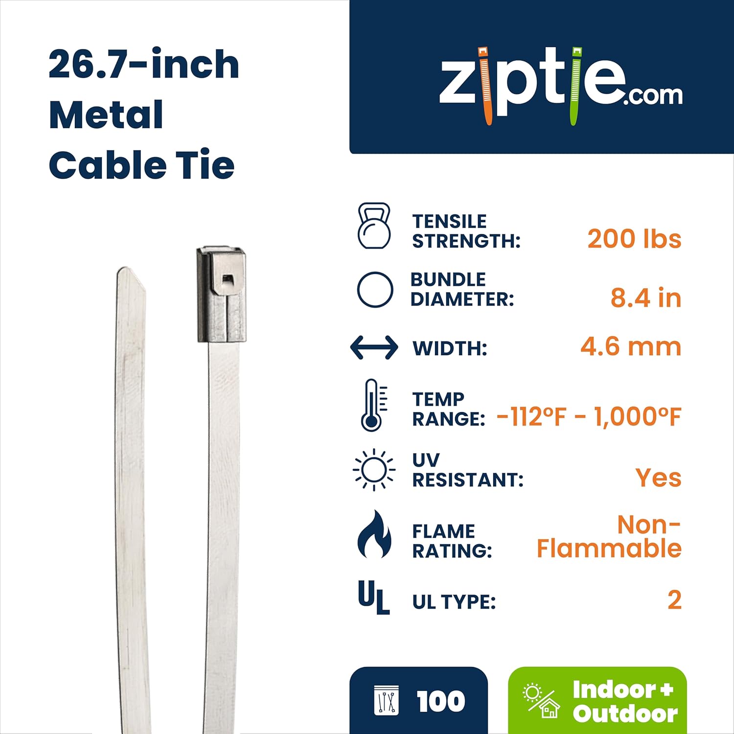 ZipTie.com 26.7-inch UV Resistant Stainless Steel Zip Tie, 200-lb Tensile Strength, UL 2 Listed, 100-Pack