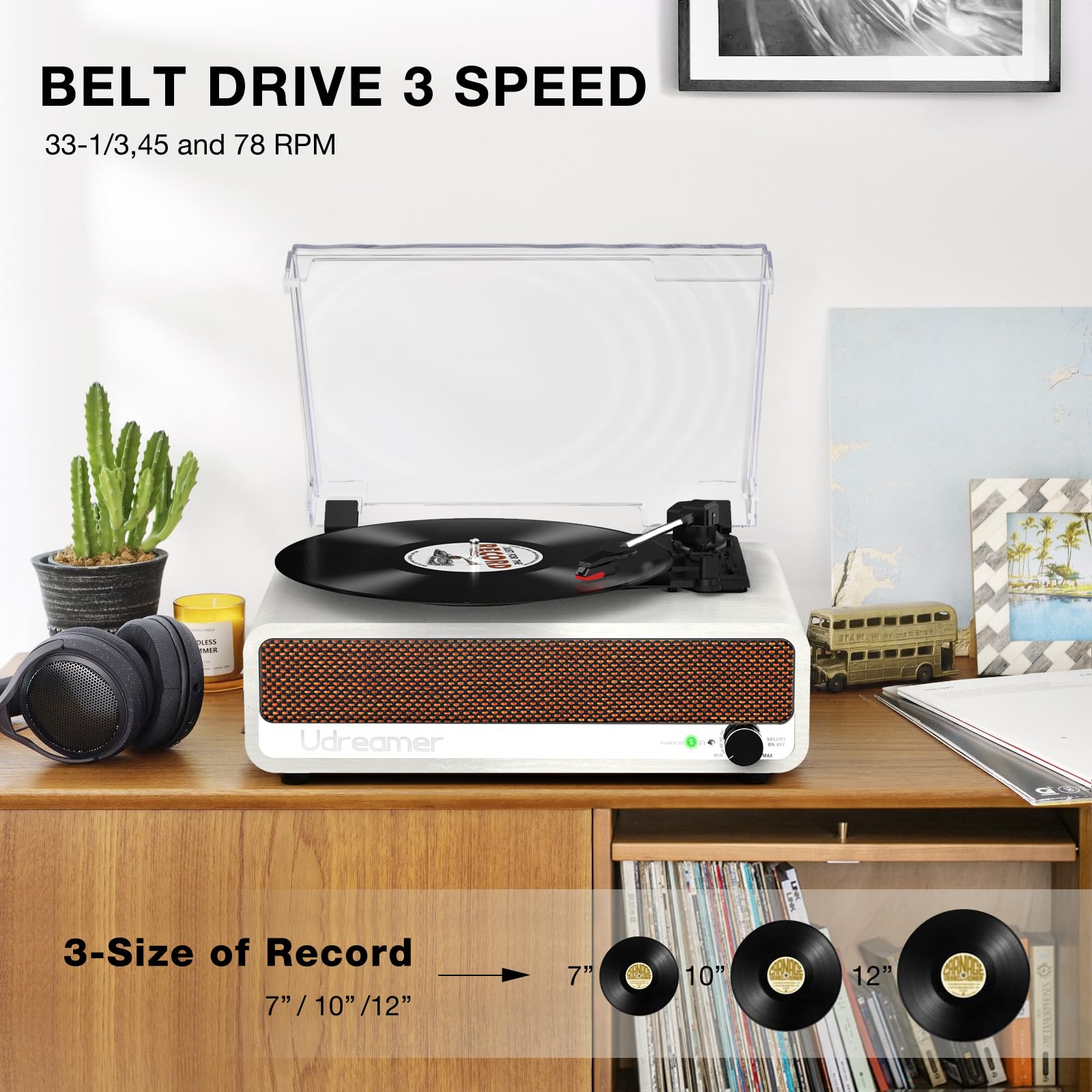 Udreamer Platine Vinyle Bluetooth Tourne Disque Support USB Aux entrée RCA Ligne de Sortie 3 Vitesses Drive Ceinture Arrêt Automatique Miroir Design Blanc