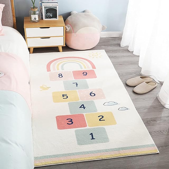Rainbow Number Hopscotch Carpet House Jumping Slip Mat Rug Children Carpet Durable Floor Decoration Mat for Bedroom,Playroom Nursery,Great Gift for Girls & Boys