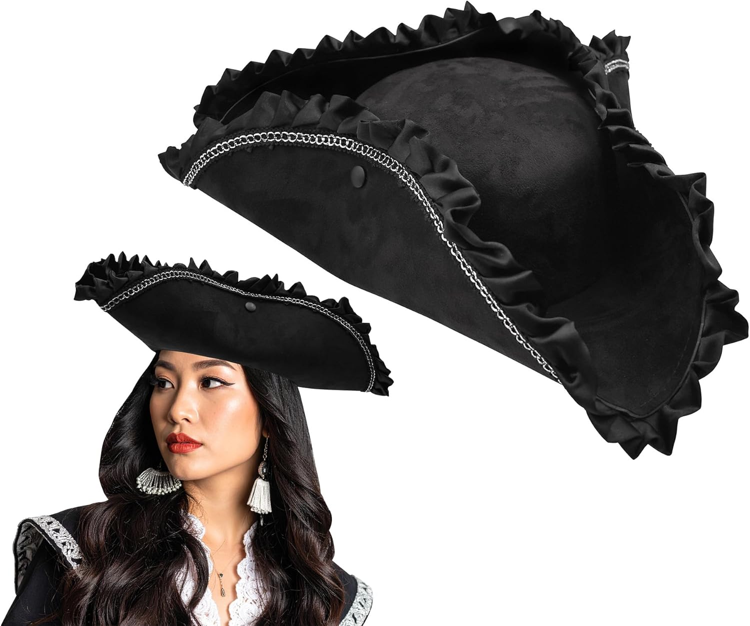 Nicky Bigs Novelties Black Pirate Hat For Women, Tricorn Hat For Adults, Captain Hats, Buccaneer Cap