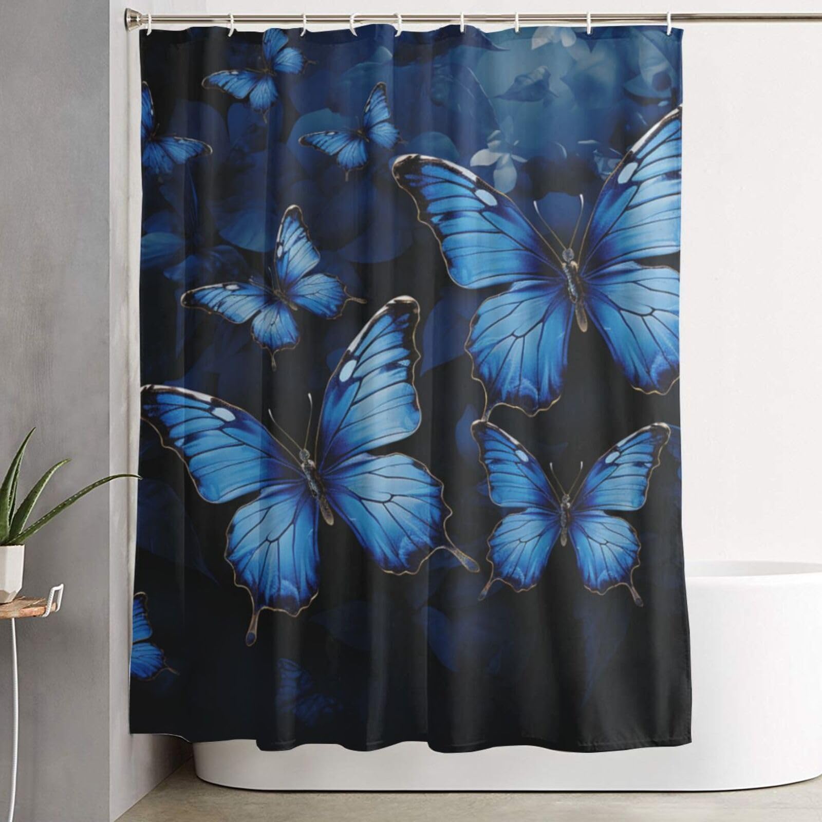 Rideau de douche bleu foncé imperméable avec crochets pour salle de bain