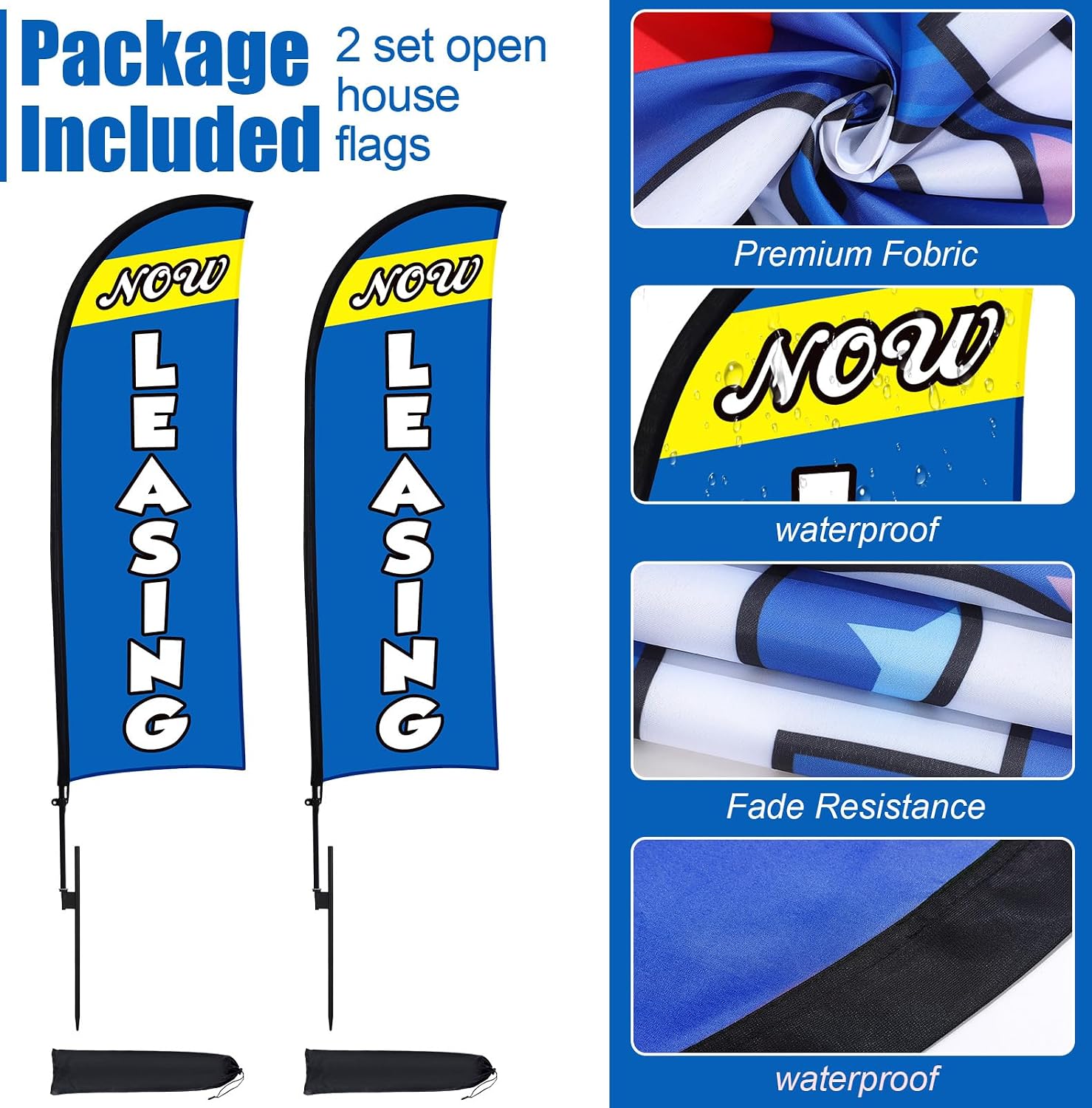 Buryeah 2 Sets Now Leasing Feather Flag Pole Kit Now Leasing Flags Banners Advertising Sign with Flag Pole Ground Stake and Portable Bag for Advertising Business(12ft,Blue)