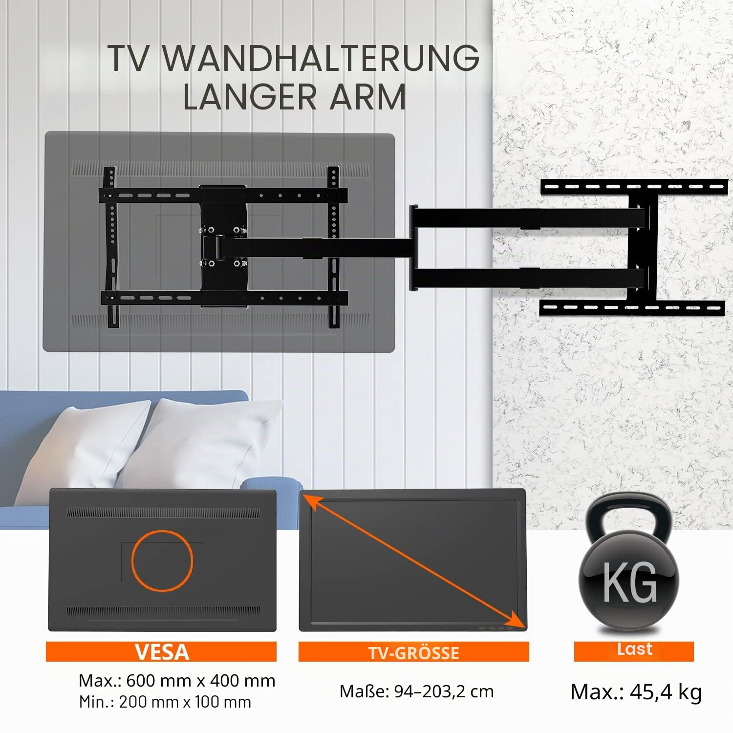 GINKGO TV Wandhalterung Schwenkbar für 37-75 Zoll LCD/LED/OLED TV | 1200 mm Extra Langem Gelenkarm Wandhalterung Fernseher，Schwenkbar und Drehbar, MAX VESA 600x400mm, Bis Zu 45KG