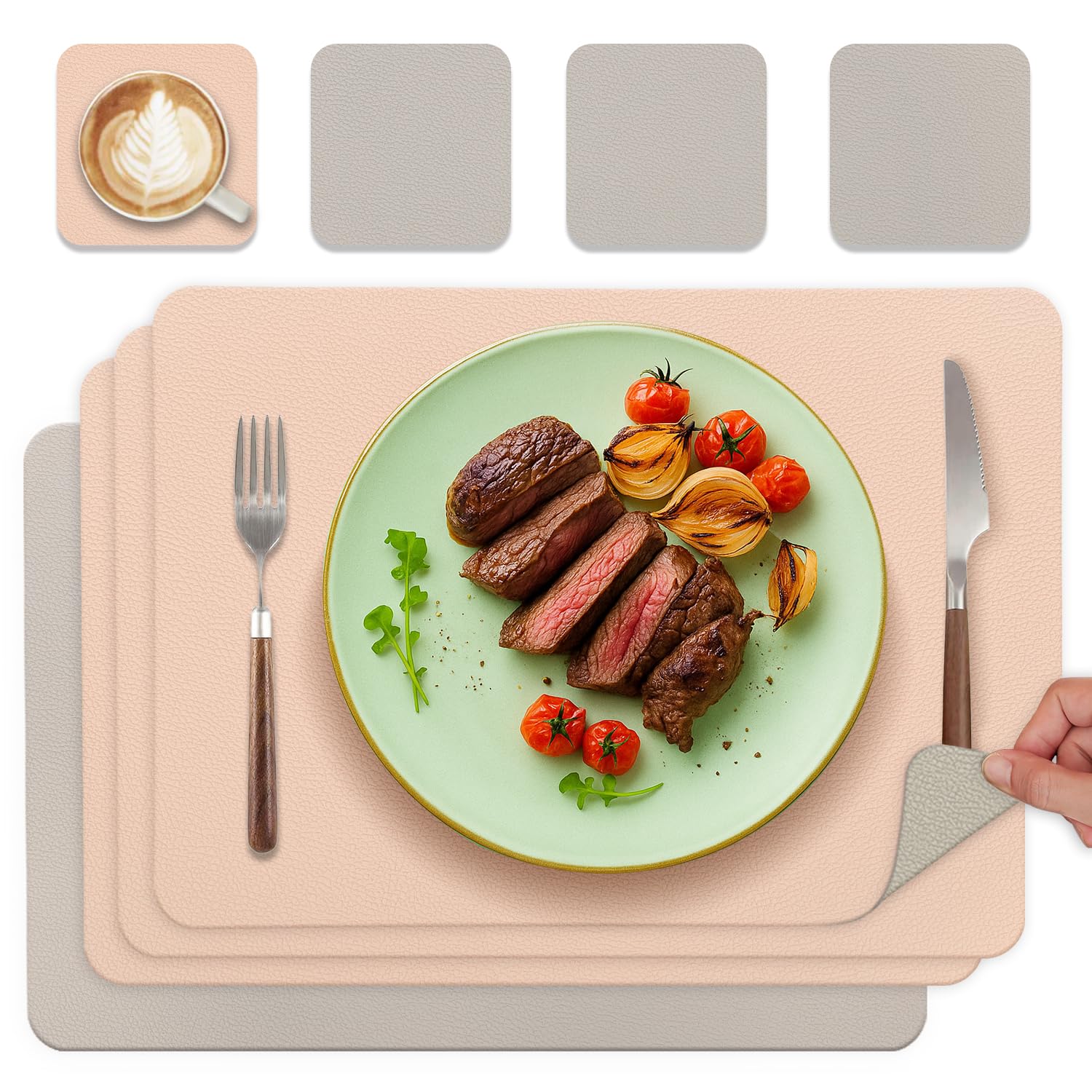HELI MIAO Tischsets Abwaschbar 4er Set - Doppelseitige Platzsets & Untersetzer aus Lederoptik, rutschfeste & wasserdichte Tischunterlage für Esstisch und Familie - Rechteckig in Hellrosa+Hellgrau