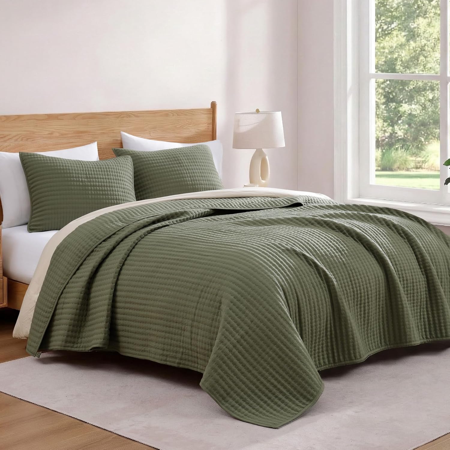 WRENSONGE King Size Quilt-3 Pieces Lightweight Bedspreads Olive Green King Quilt Bedding Set for All Seasons, Soft Summer Coverlet with 2 Pillow Shams Suitable for Bed, Couch, Quilt Blanket - Image 3