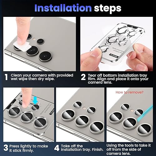 Miniatura 14 de Tensea Protector de lente de cámara Samsung Galaxy S24 Ultra 5G, protector de pantalla de vidrio templado 9H, anillo individual de metal para S24