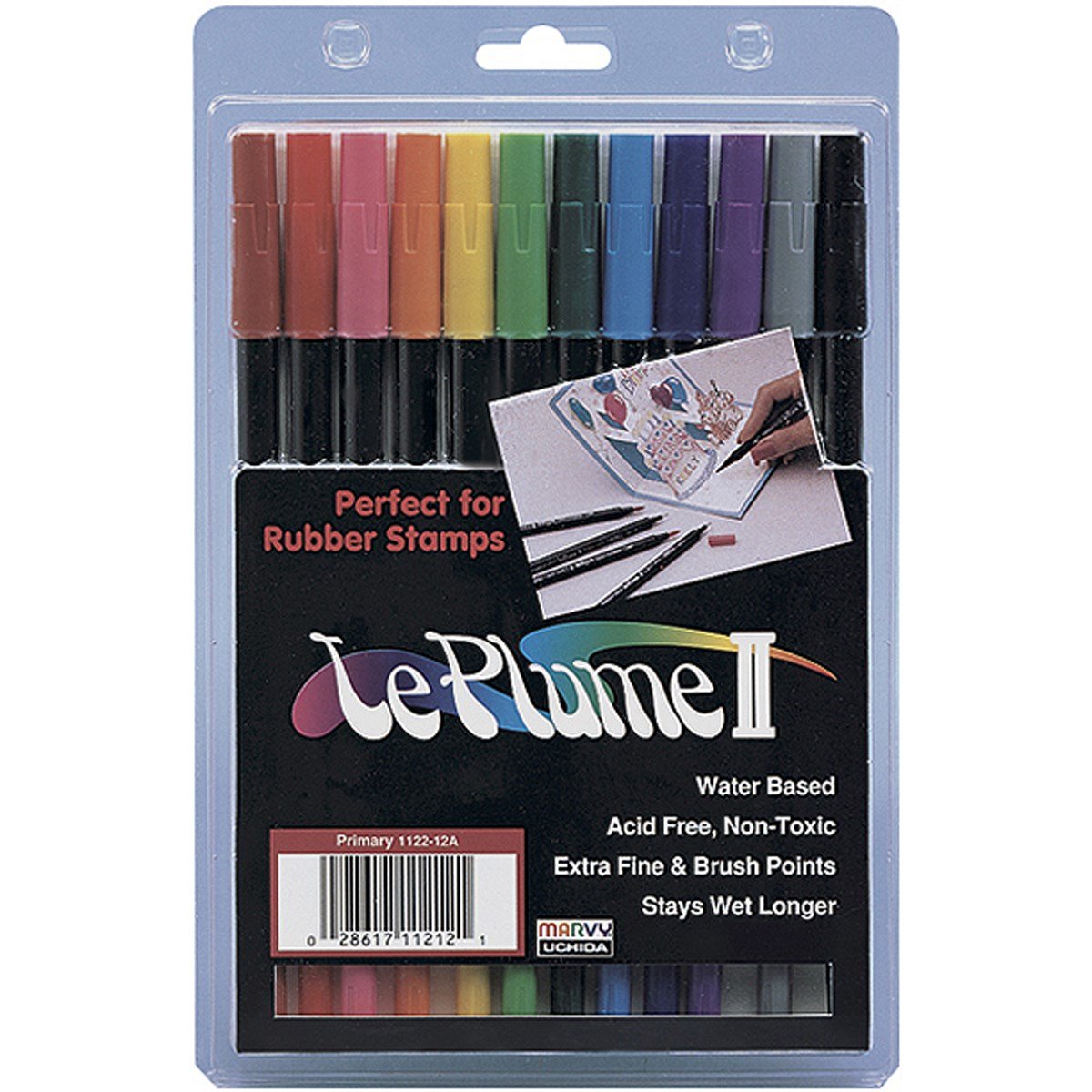 Marvy Uchida Of America 1122-12A Le Plume II Double-Ended Markers with Brush and Fine Tips, Primary, Set of 12
