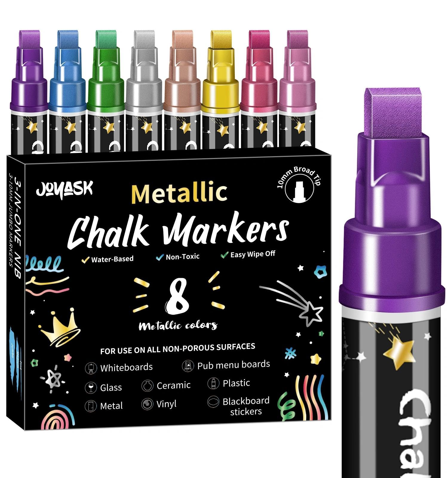 Liquid Chalk Markers for Chalkboard, 8 Metallic Color Dry Erase Markers with 10mm Reversible Tip, Washable Chalk Markers for Glass, Window, Whiteboard-image-2