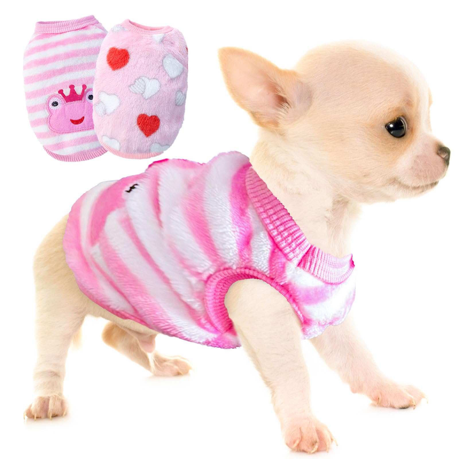 2-Piece Teacup Dog Clothes - Extra Small Chihuahua Sweater, Cat Clothing, Warm Winter Clothes (Small, Frog, Love)