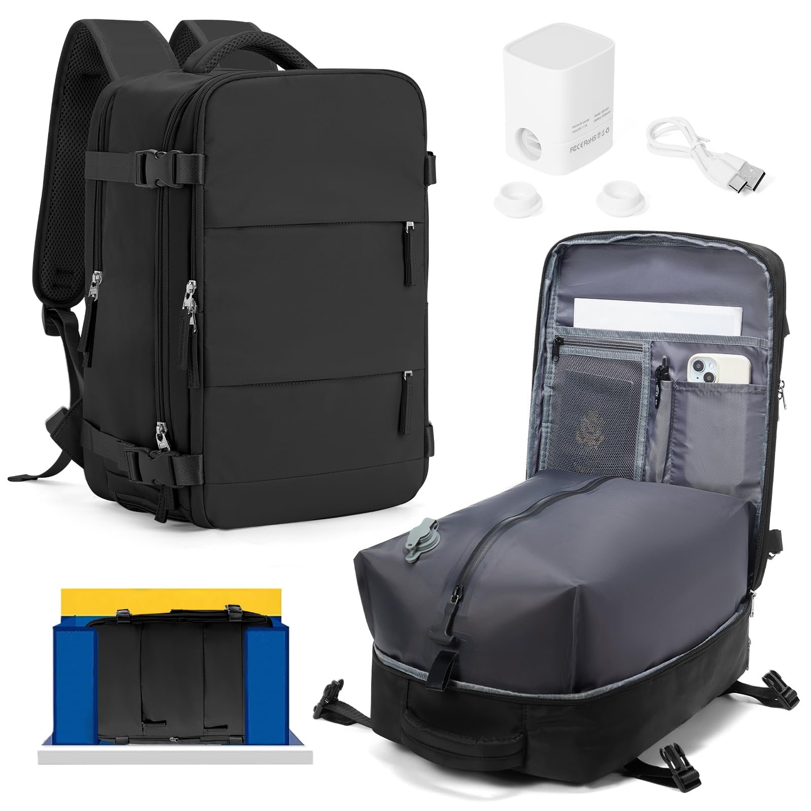 HPLQQ Borsa da Cabina per Ryanair 40x30x20 Zaino Sottovuoto da Viaggio con Pompa Aereo Bagaglio a Mano per Easyjet Impermeabile Lavoro e Scuola Trekking Casual Daypack per 14" laptop,A01-Nero