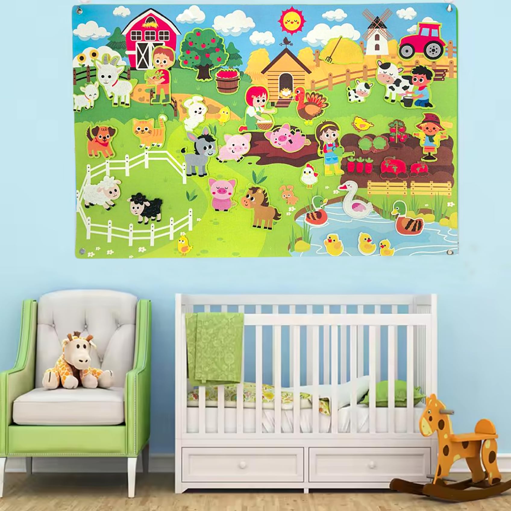 Tableros de juegos de juguetes de fieltro, juegos de historias de tableros de fieltro, tablero de animales de granja de 41x30 pulgadas para niños pequeños, actividades de pared de aprendizaje tempran