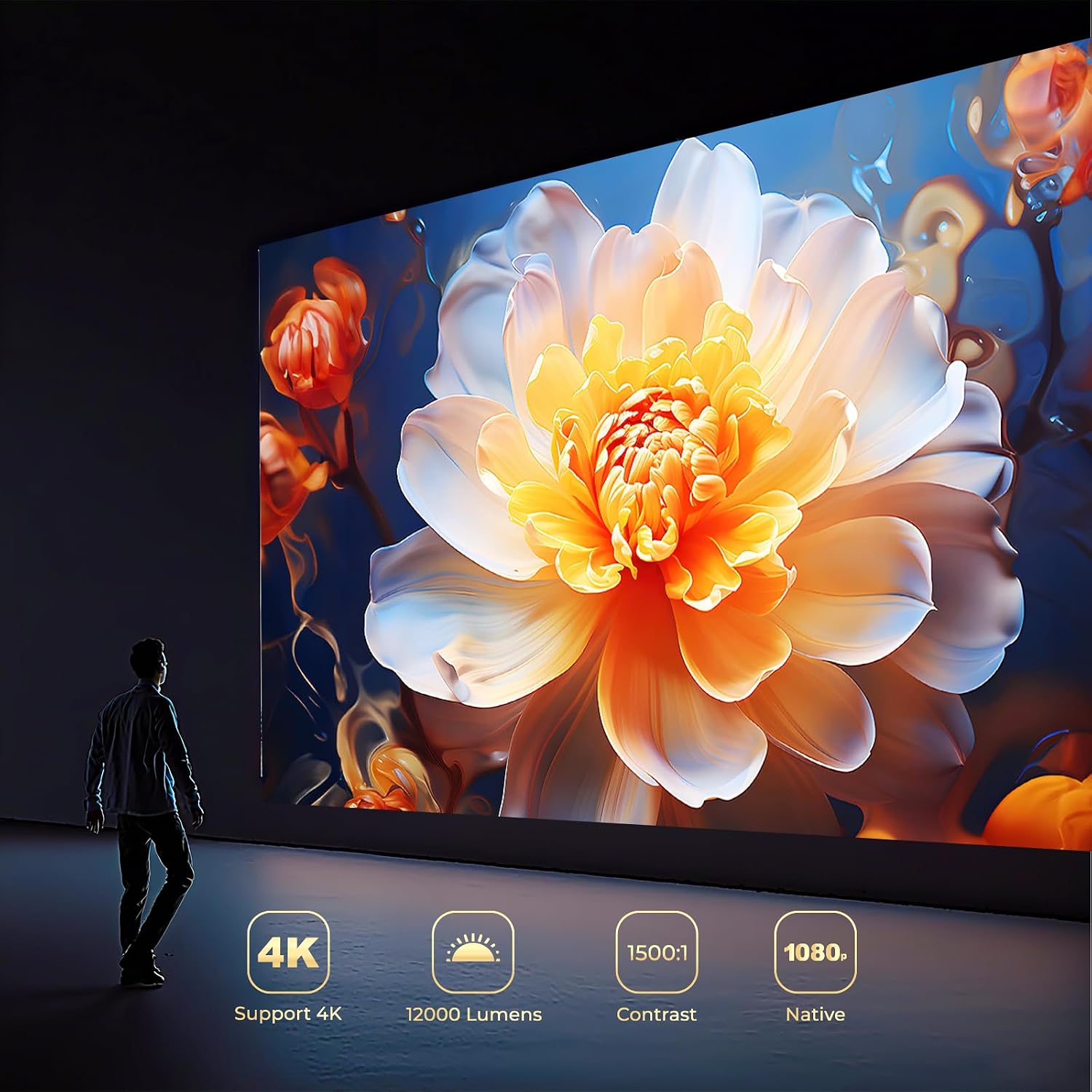 LYNCAST N300 Projector features: 4K support, 12000 Lumens, 1500:1 Contrast, 1080p Native