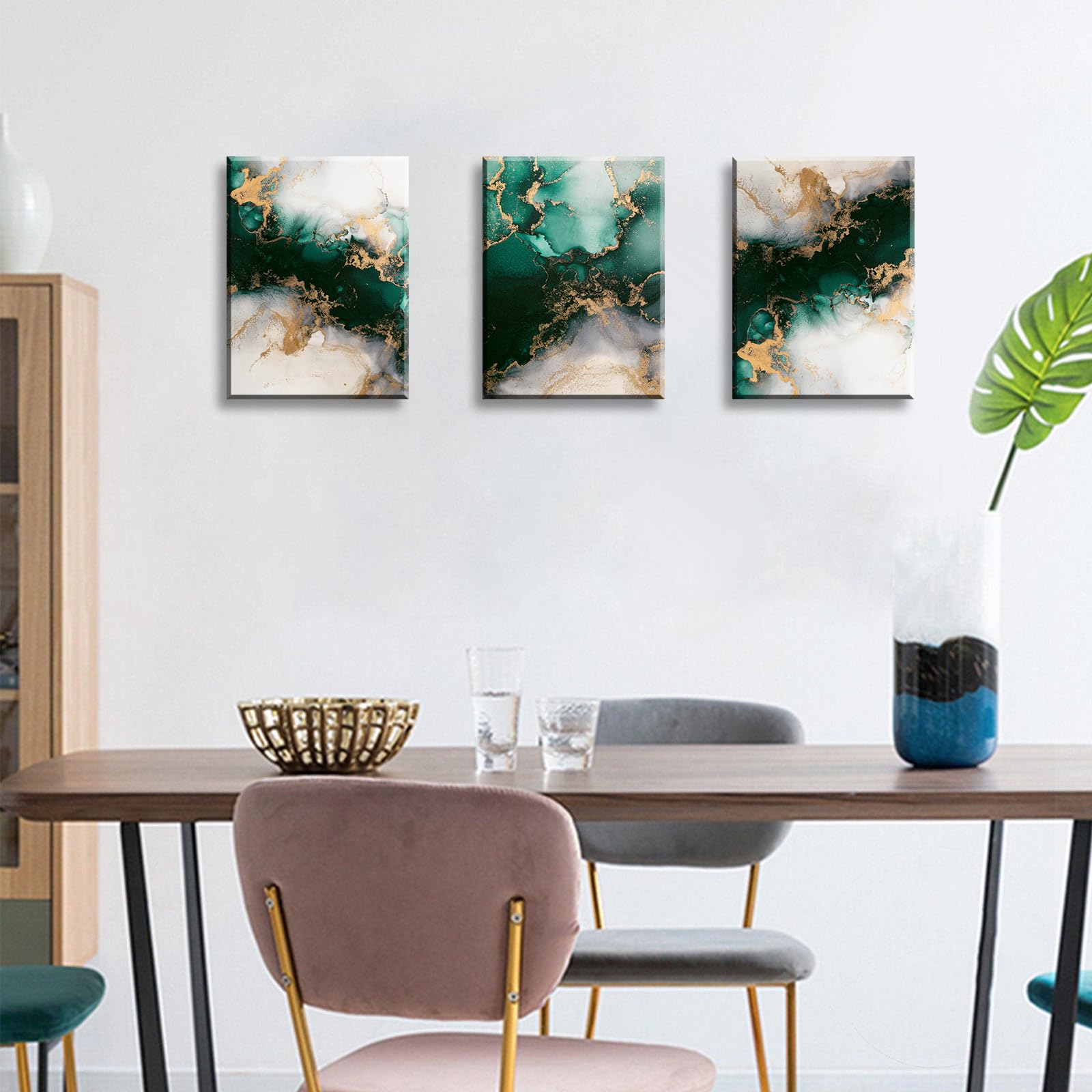 JiazuGo Emerald Green Bathroom Decor Modern Abstract Canvas Wall Art Bedroom Living Room Wall Decor Green and Gold Fluid Abstract Marble Texture Painting Pictures Home Decorations 12" X 16" X 3 Pieces