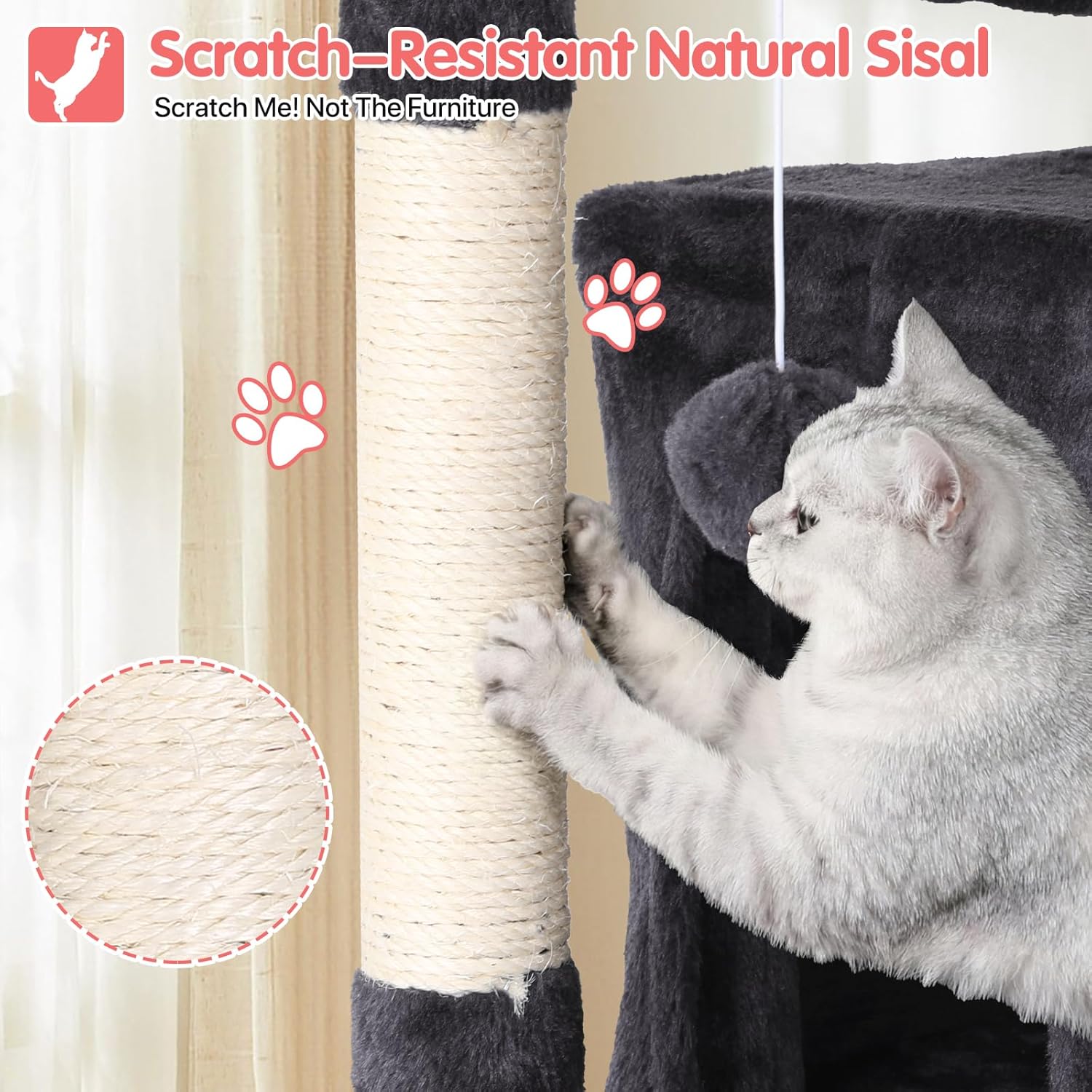 70in Cat Tree Cat Climbing Tower with Scratching Post, Cats House Perch Kitten Tree Condo Wood Playhouse, Pet Trees Tower for Indoor Cats, Dark Gray