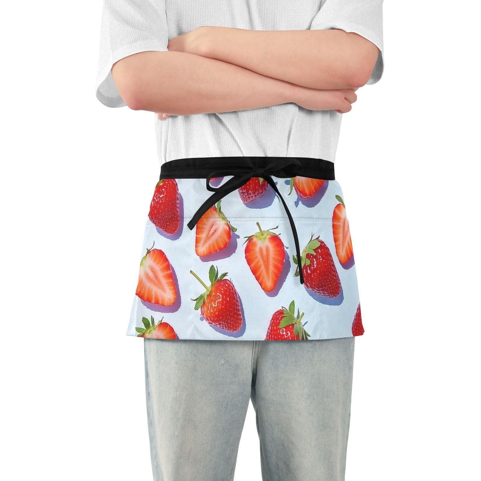 FASHON&FASCIN Server Apron with Pockets Waist Aprons Half Waitress Apron Strawberry Design for Gardening Restaurant,Multi9